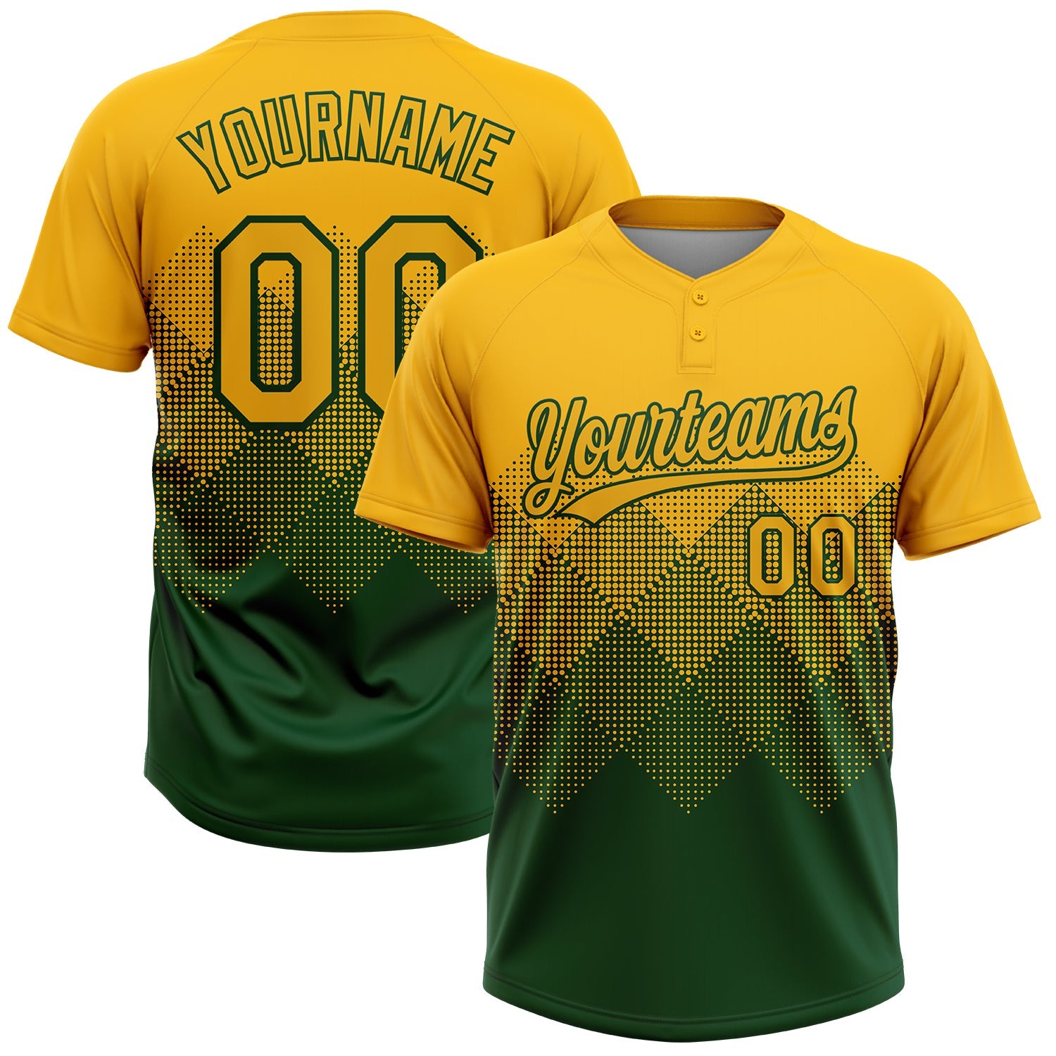 Custom Gold Green 3D Gradient Square Shape Two-Button Unisex Softball Jersey - Main View