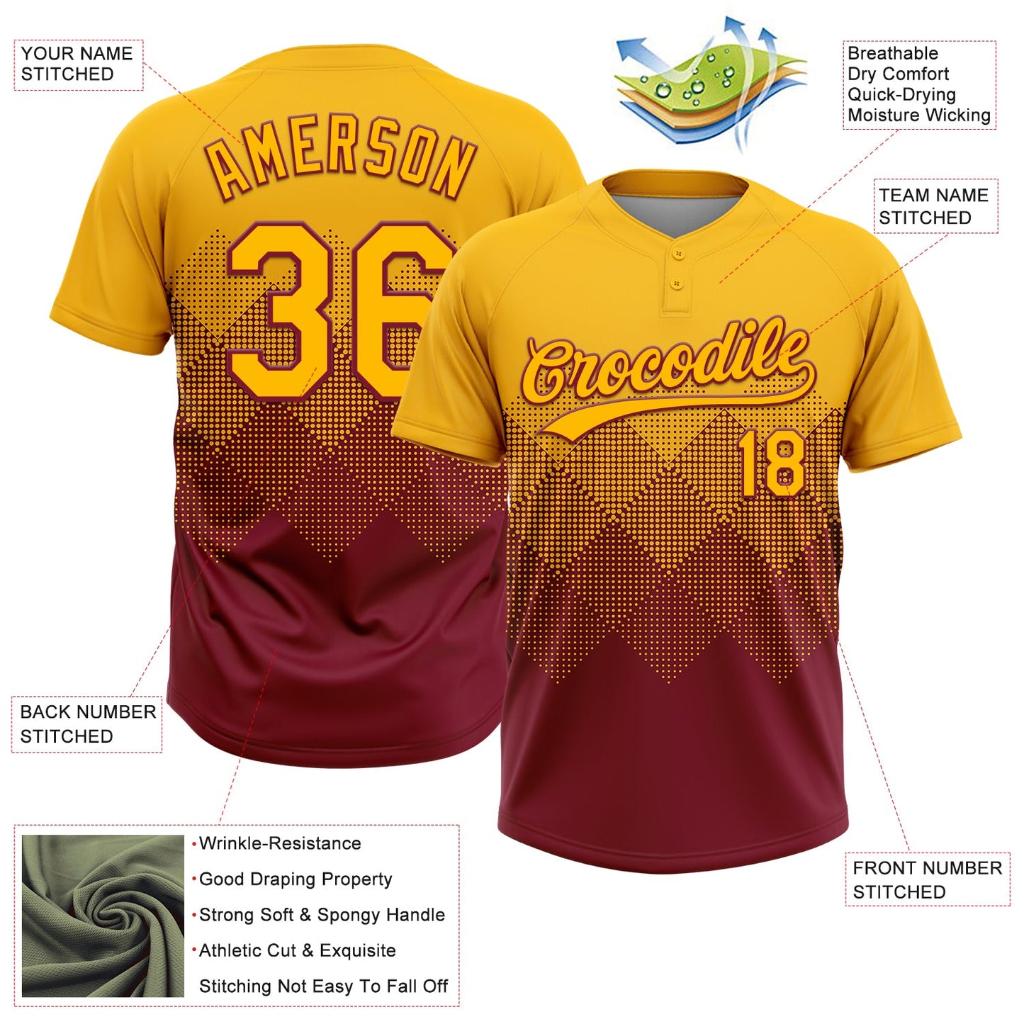 Custom Gold Crimson 3D Gradient Square Shape Two-Button Unisex Softball Jersey view 3