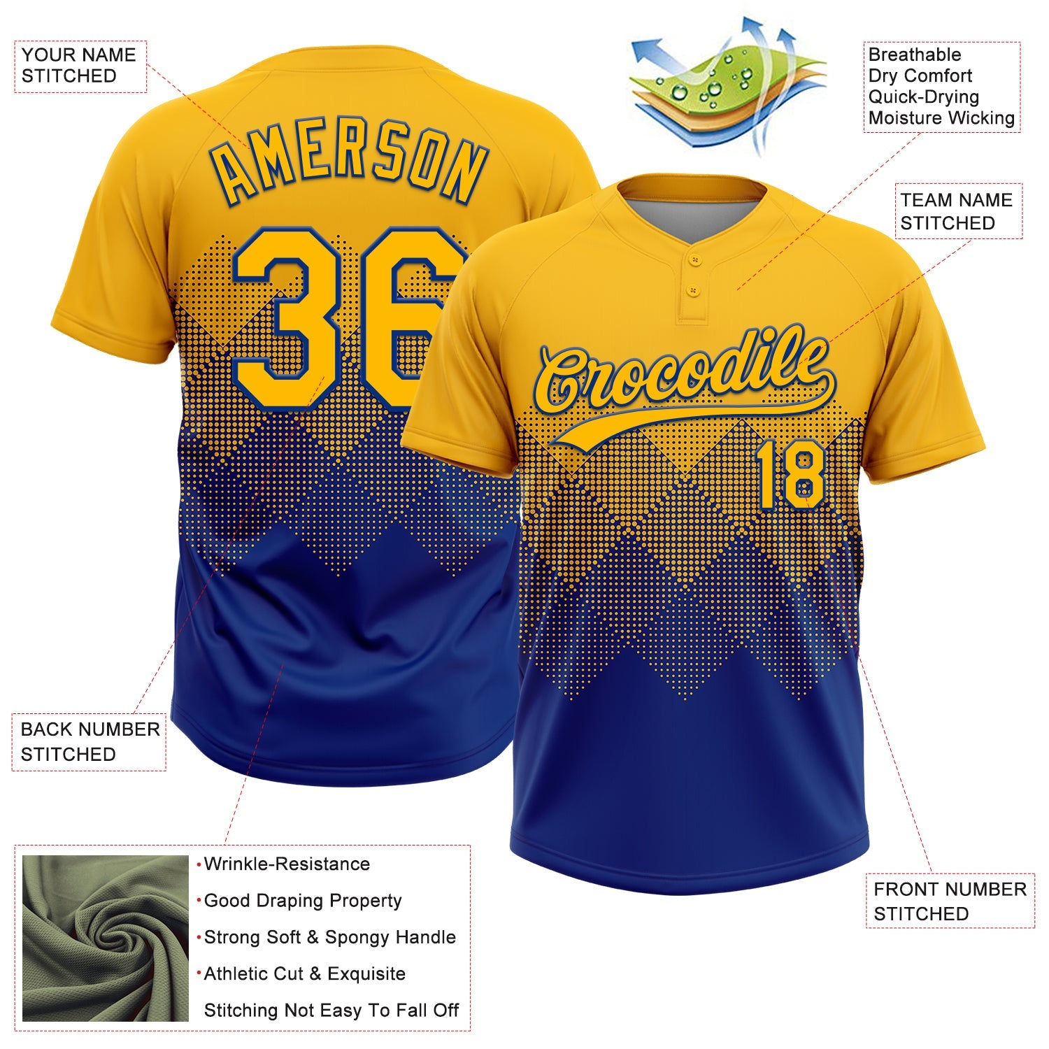 Custom Gold Royal 3D Gradient Square Shape Two-Button Unisex Softball Jersey view 3