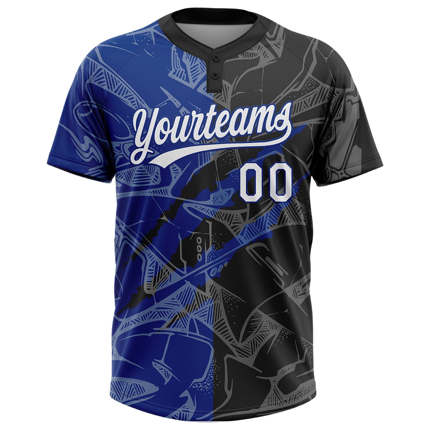 Custom Graffiti Pattern White Black-Royal 3D Scratch Two-Button Unisex Softball Jersey view 2