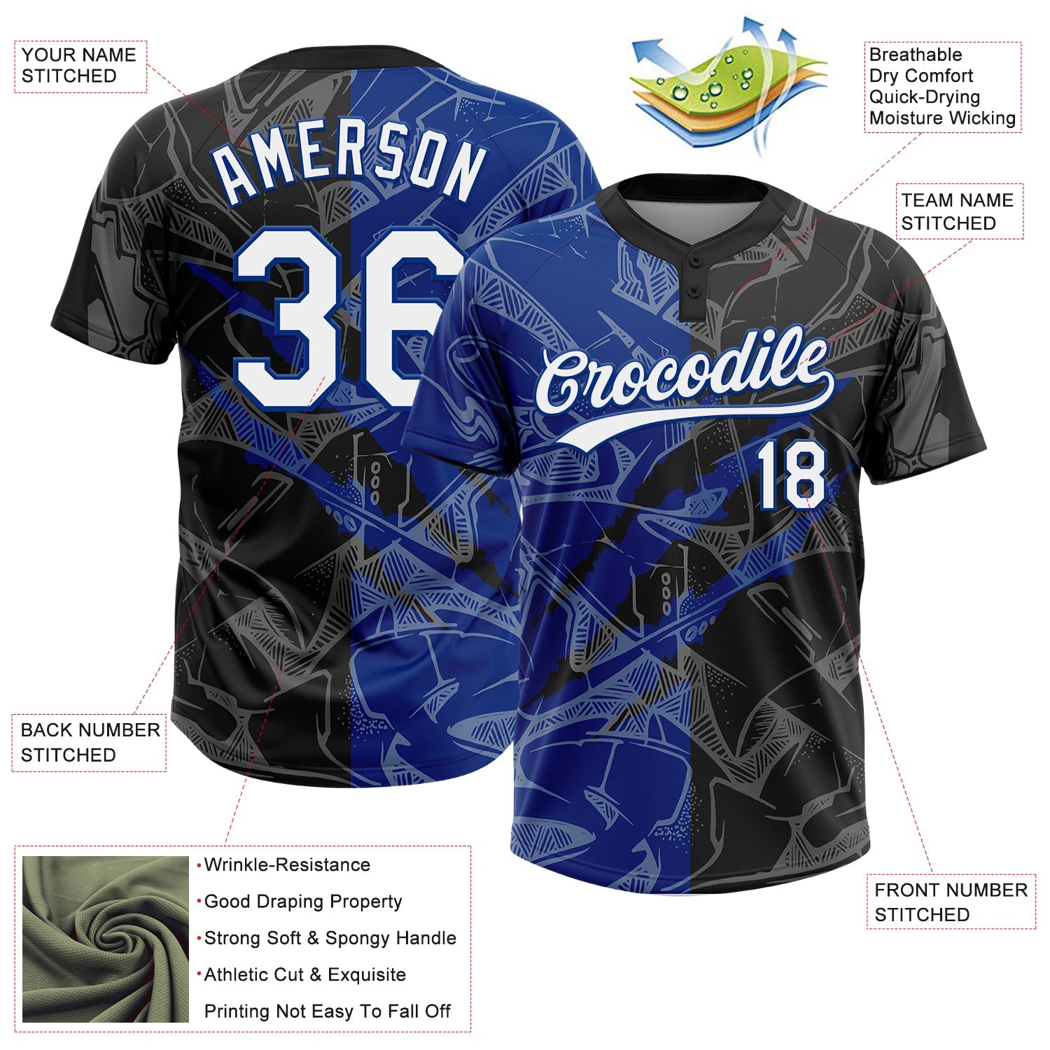 Custom Graffiti Pattern White Black-Royal 3D Scratch Two-Button Unisex Softball Jersey view 3