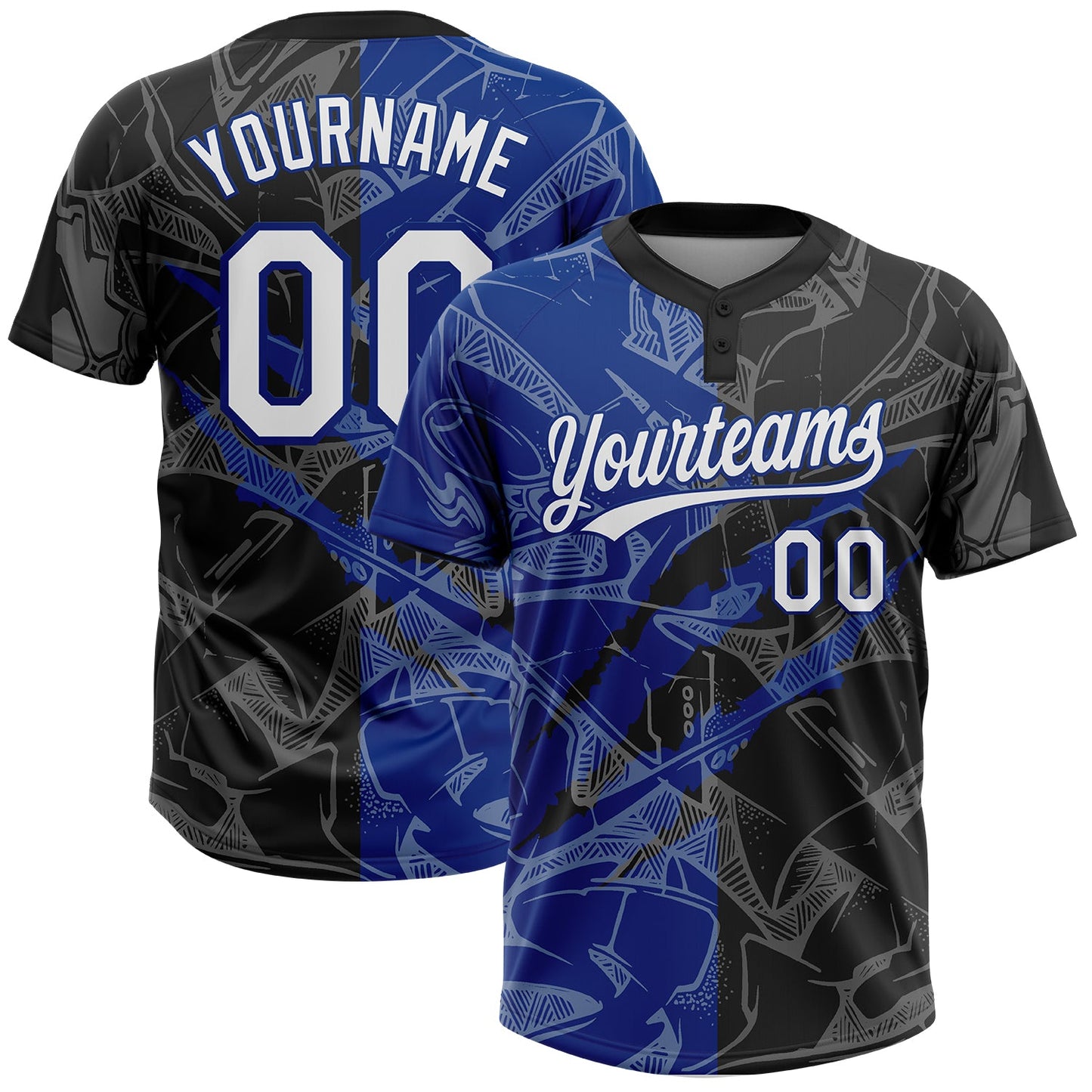 Custom Graffiti Pattern White Black-Royal 3D Scratch Two-Button Unisex Softball Jersey - Main View