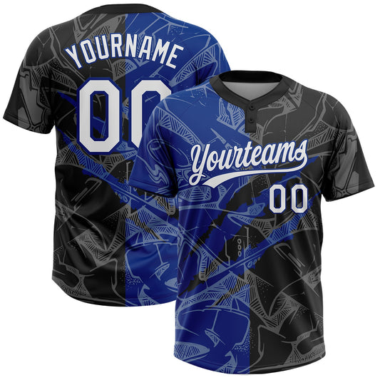 Custom Graffiti Pattern White Black-Royal 3D Scratch Two-Button Unisex Softball Jersey - Main View