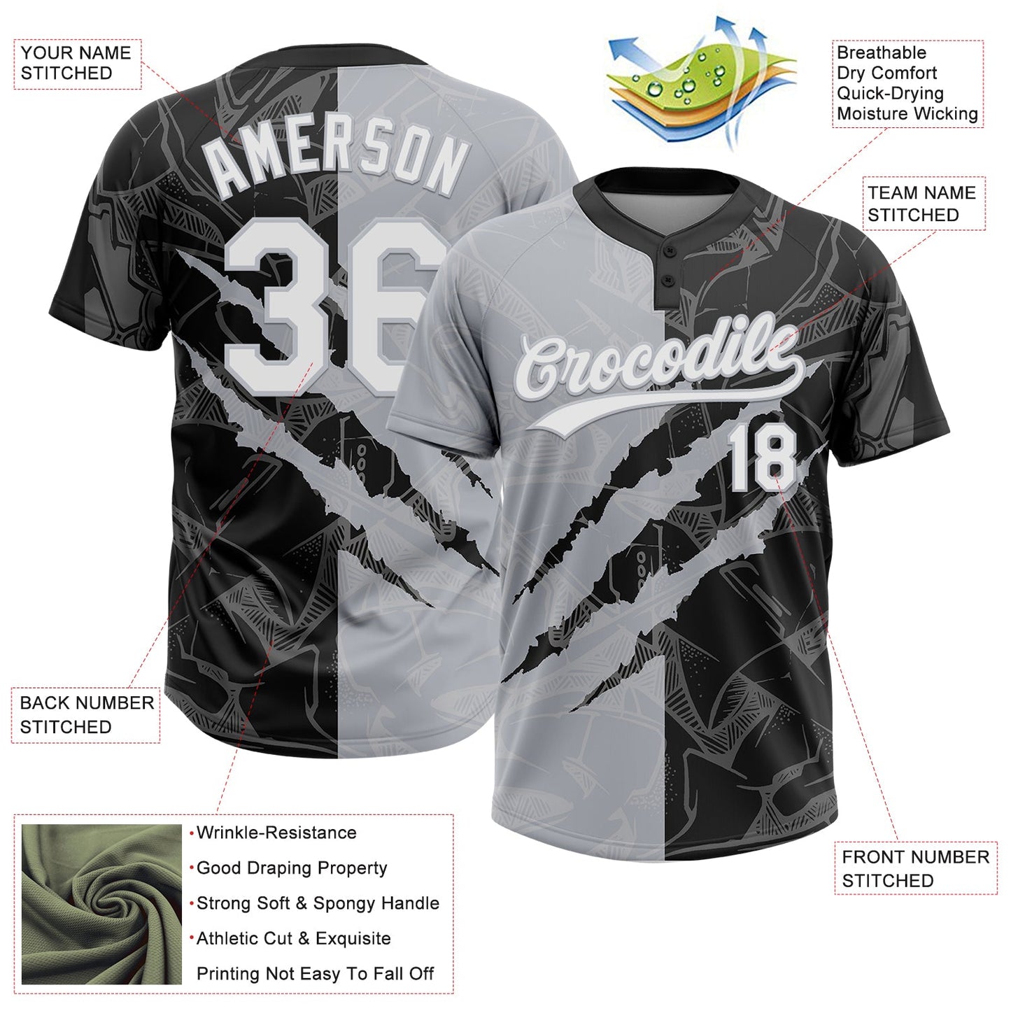 Custom Graffiti Pattern White Black-Gray 3D Scratch Two-Button Unisex Softball Jersey view 3