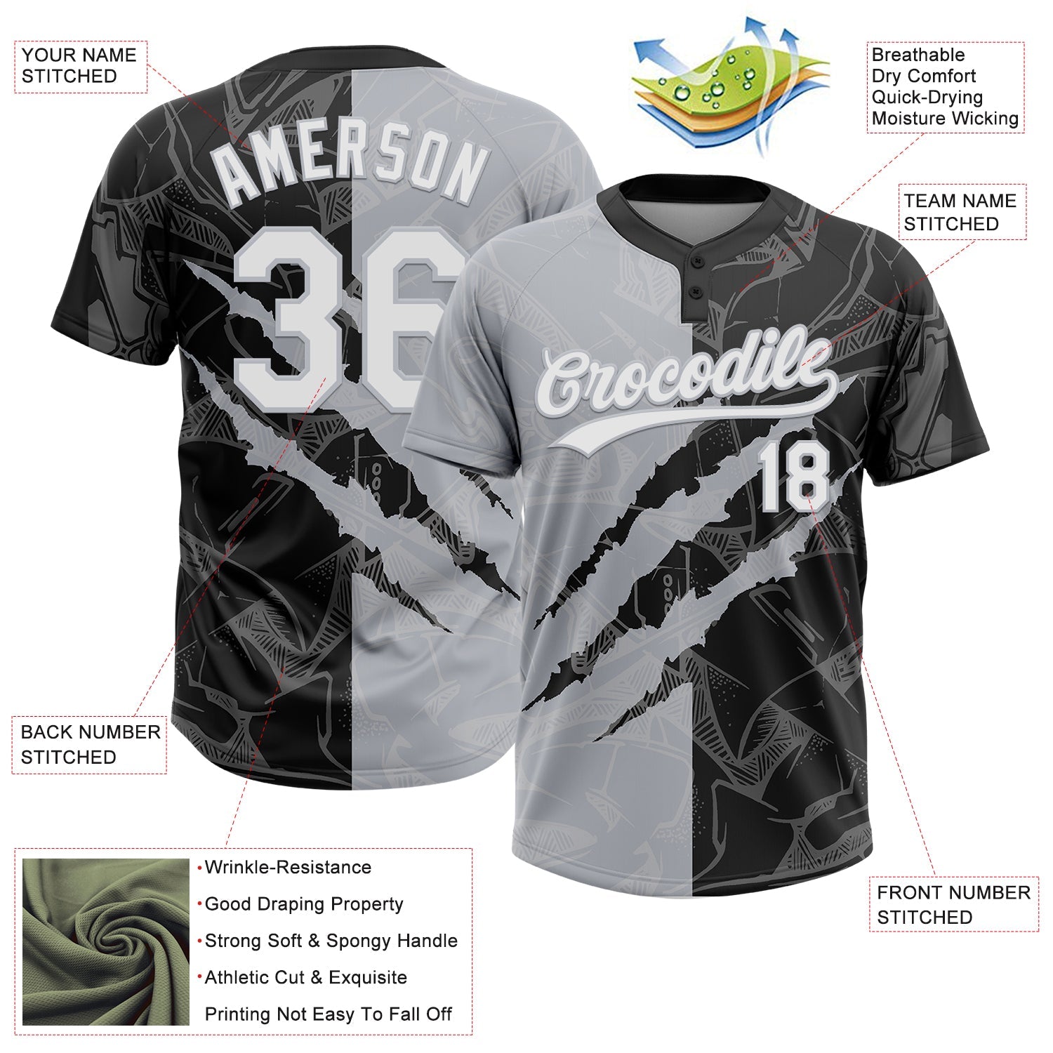 Custom Graffiti Pattern White Black-Gray 3D Scratch Two-Button Unisex Softball Jersey view 3