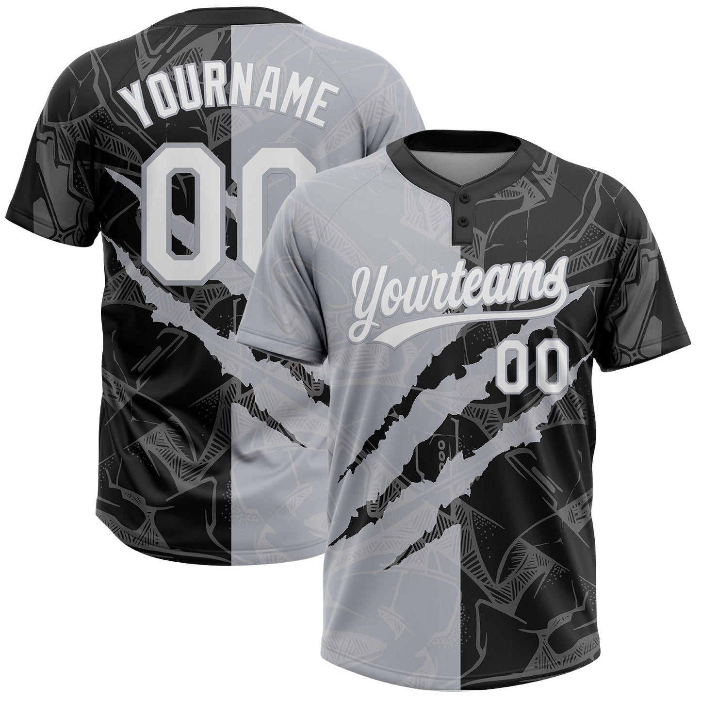Custom Graffiti Pattern White Black-Gray 3D Scratch Two-Button Unisex Softball Jersey - Main View