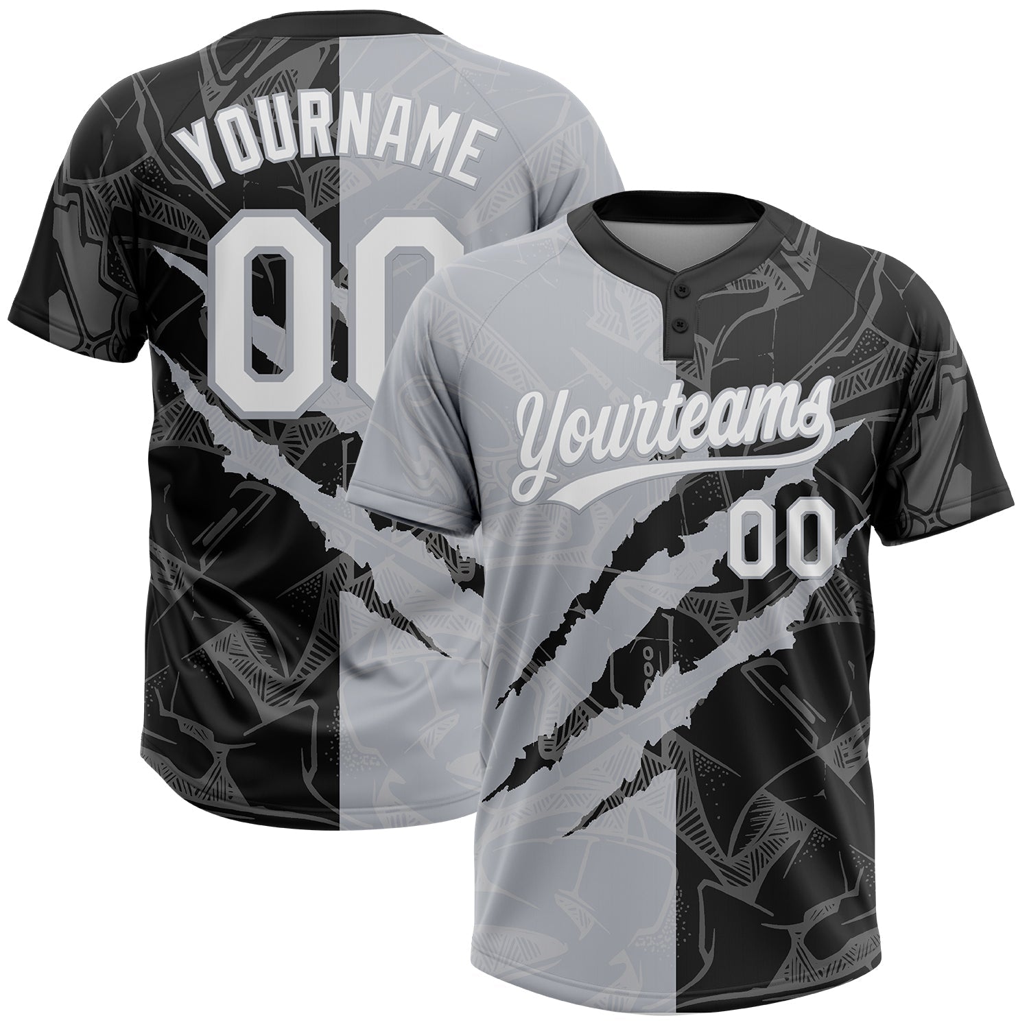 Custom Graffiti Pattern White Black-Gray 3D Scratch Two-Button Unisex Softball Jersey - Main View