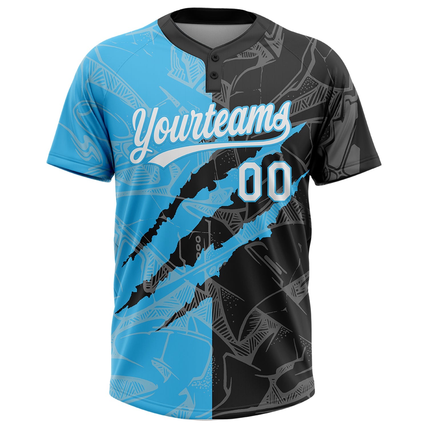 Custom Graffiti Pattern White Black-Sky Blue 3D Scratch Two-Button Unisex Softball Jersey view 2