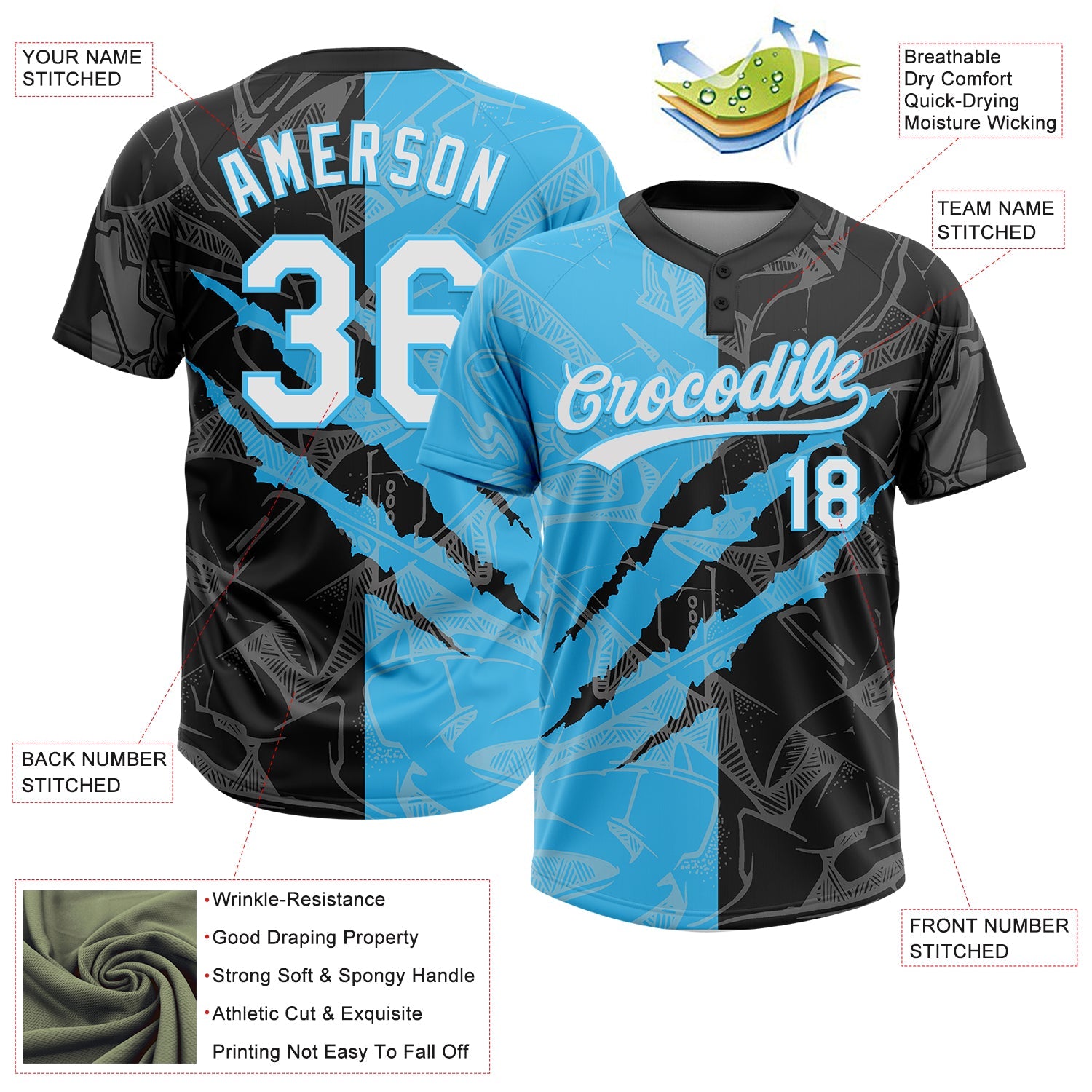 Custom Graffiti Pattern White Black-Sky Blue 3D Scratch Two-Button Unisex Softball Jersey view 3