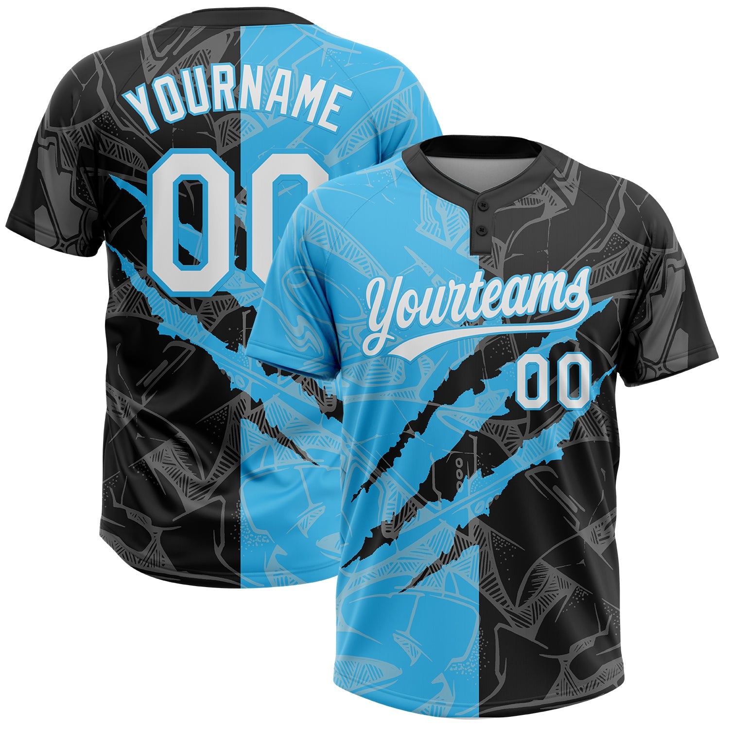 Custom Graffiti Pattern White Black-Sky Blue 3D Scratch Two-Button Unisex Softball Jersey - Main View