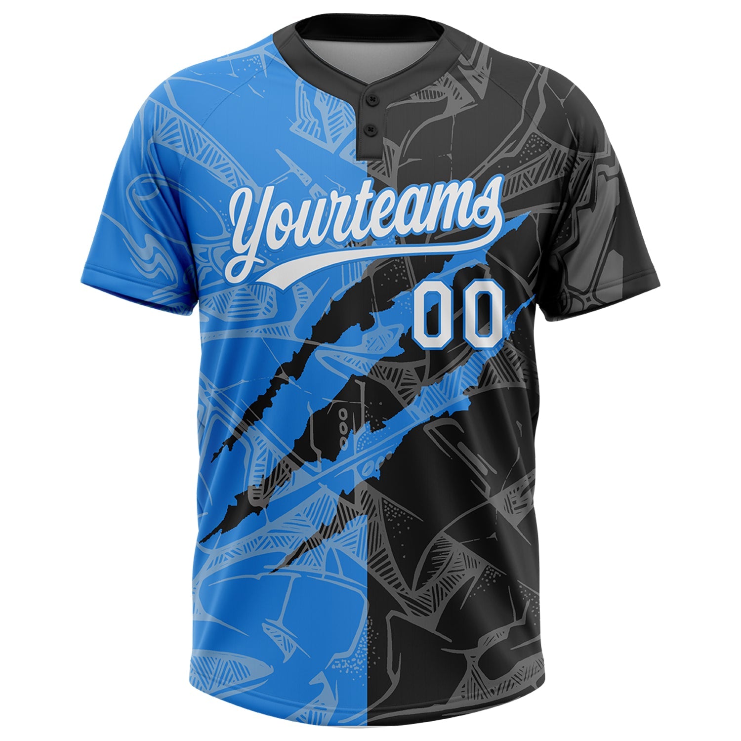 Custom Graffiti Pattern White Black-Electric Blue 3D Scratch Two-Button Unisex Softball Jersey view 2