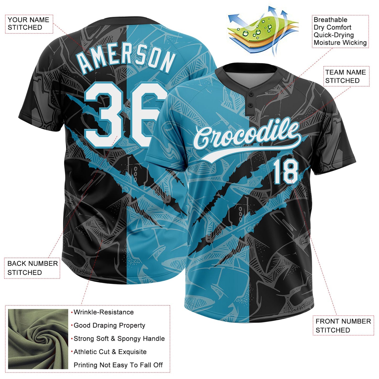 Custom Graffiti Pattern White Black-Panther Blue 3D Scratch Two-Button Unisex Softball Jersey view 3
