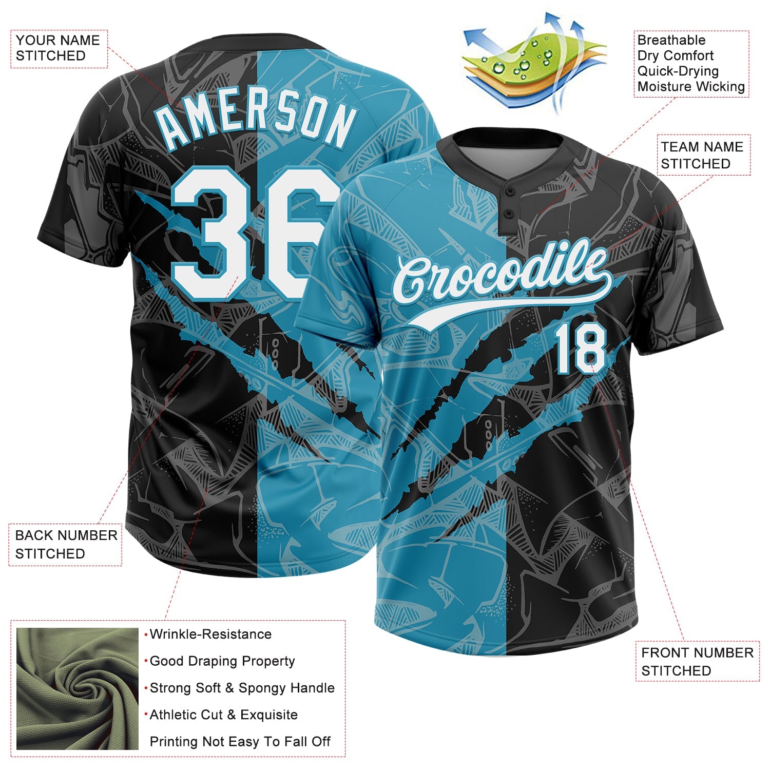 Custom Graffiti Pattern White Black-Panther Blue 3D Scratch Two-Button Unisex Softball Jersey view 3