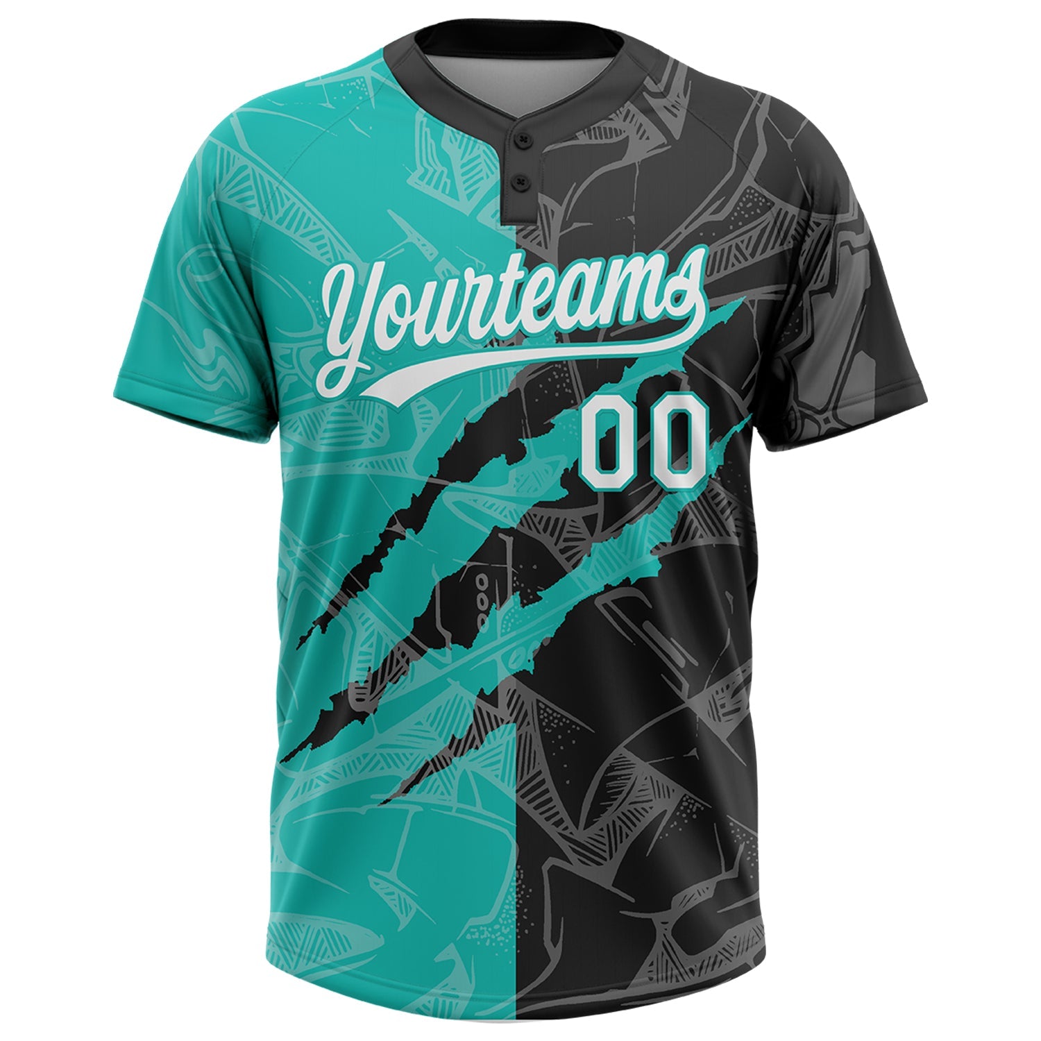 Custom Graffiti Pattern White Black-Aqua 3D Scratch Two-Button Unisex Softball Jersey view 2