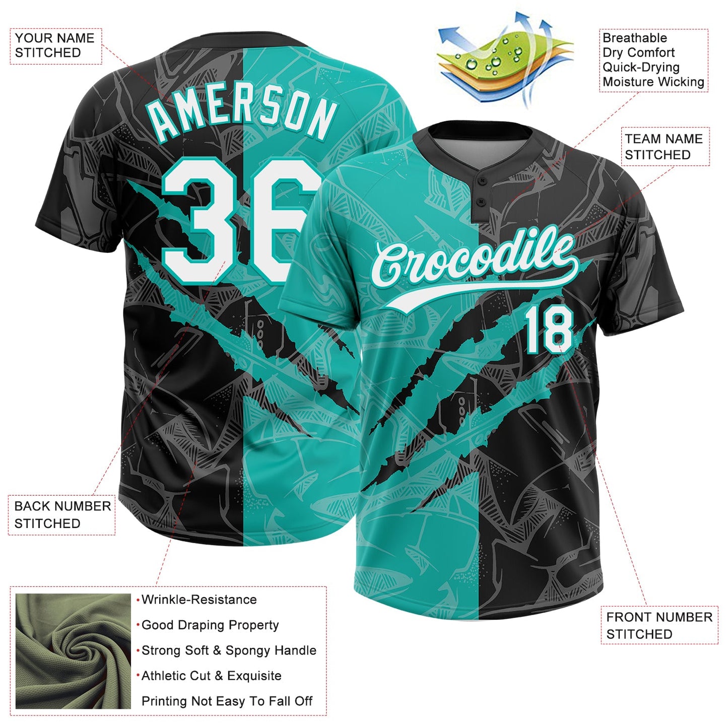 Custom Graffiti Pattern White Black-Aqua 3D Scratch Two-Button Unisex Softball Jersey view 3