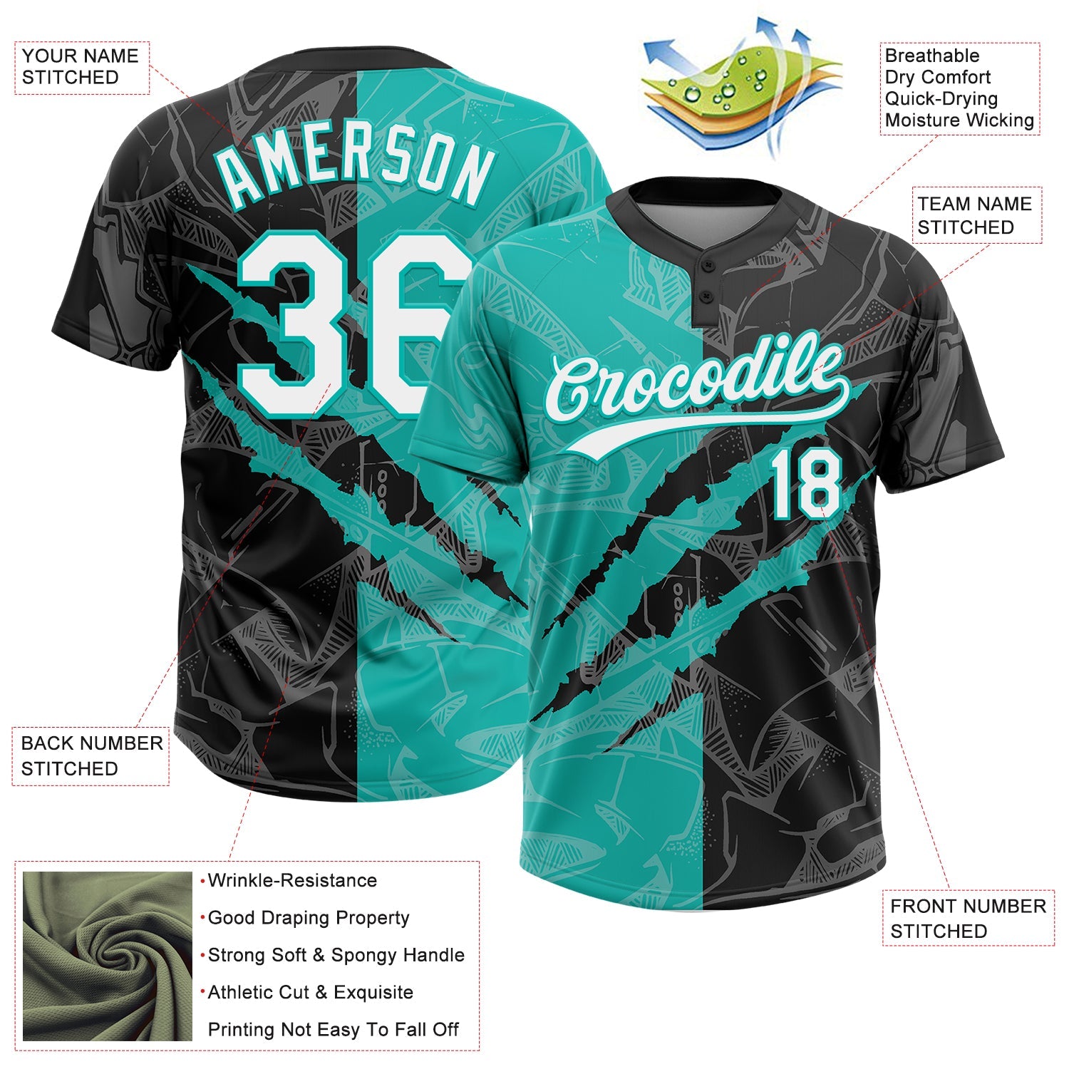 Custom Graffiti Pattern White Black-Aqua 3D Scratch Two-Button Unisex Softball Jersey view 3