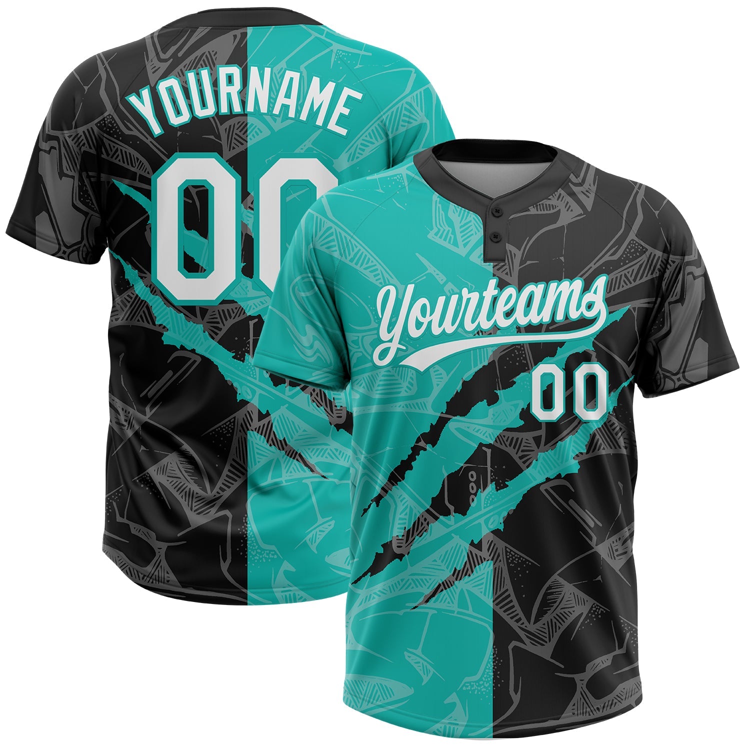 Custom Graffiti Pattern White Black-Aqua 3D Scratch Two-Button Unisex Softball Jersey - Main View