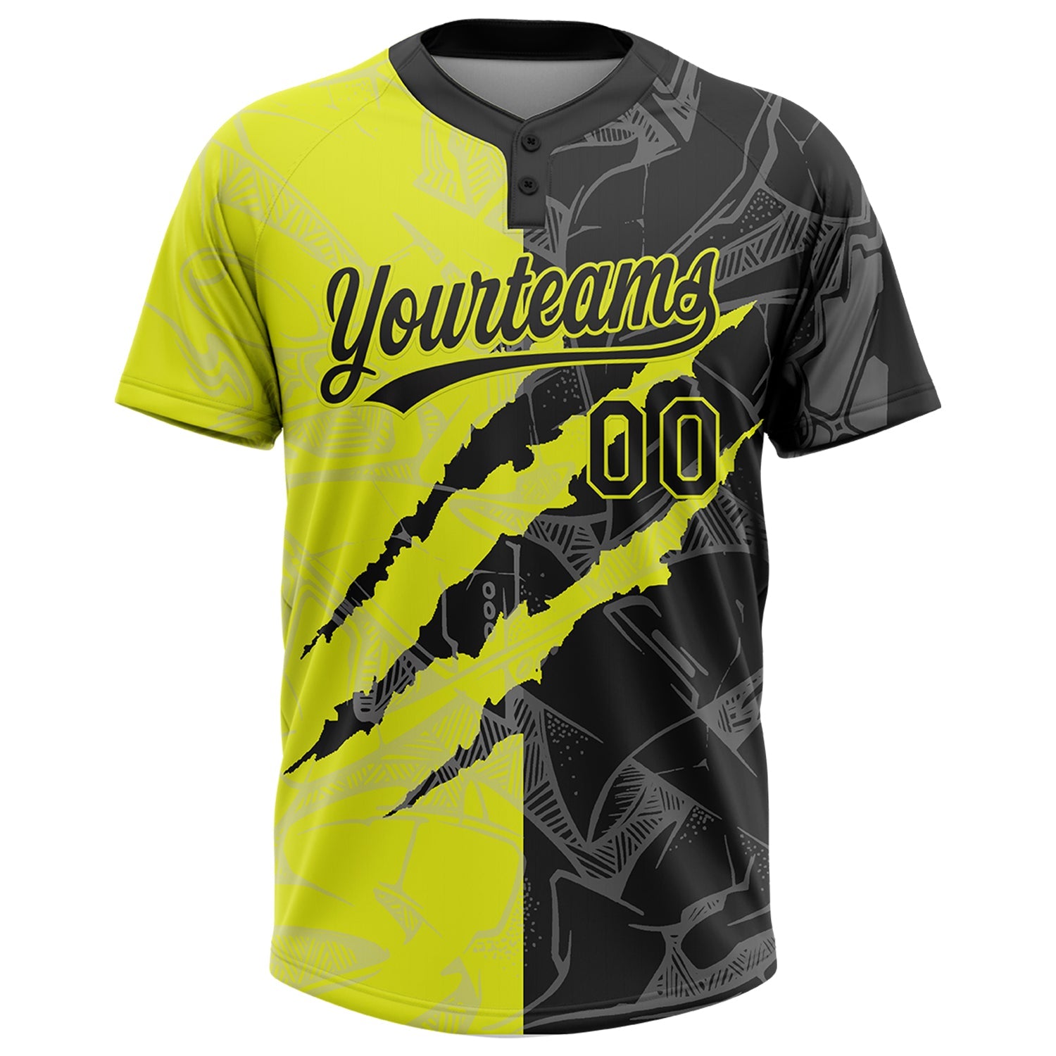 Custom Graffiti Pattern Black-Neon Yellow 3D Scratch Two-Button Unisex Softball Jersey view 2