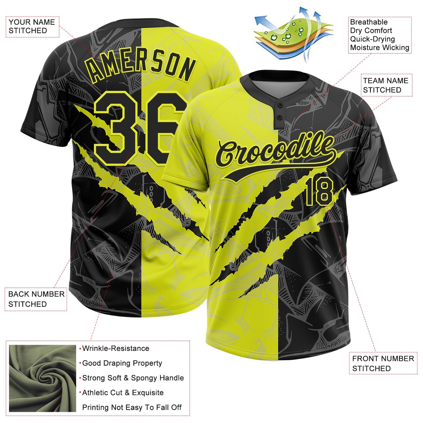 Custom Graffiti Pattern Black-Neon Yellow 3D Scratch Two-Button Unisex Softball Jersey view 3