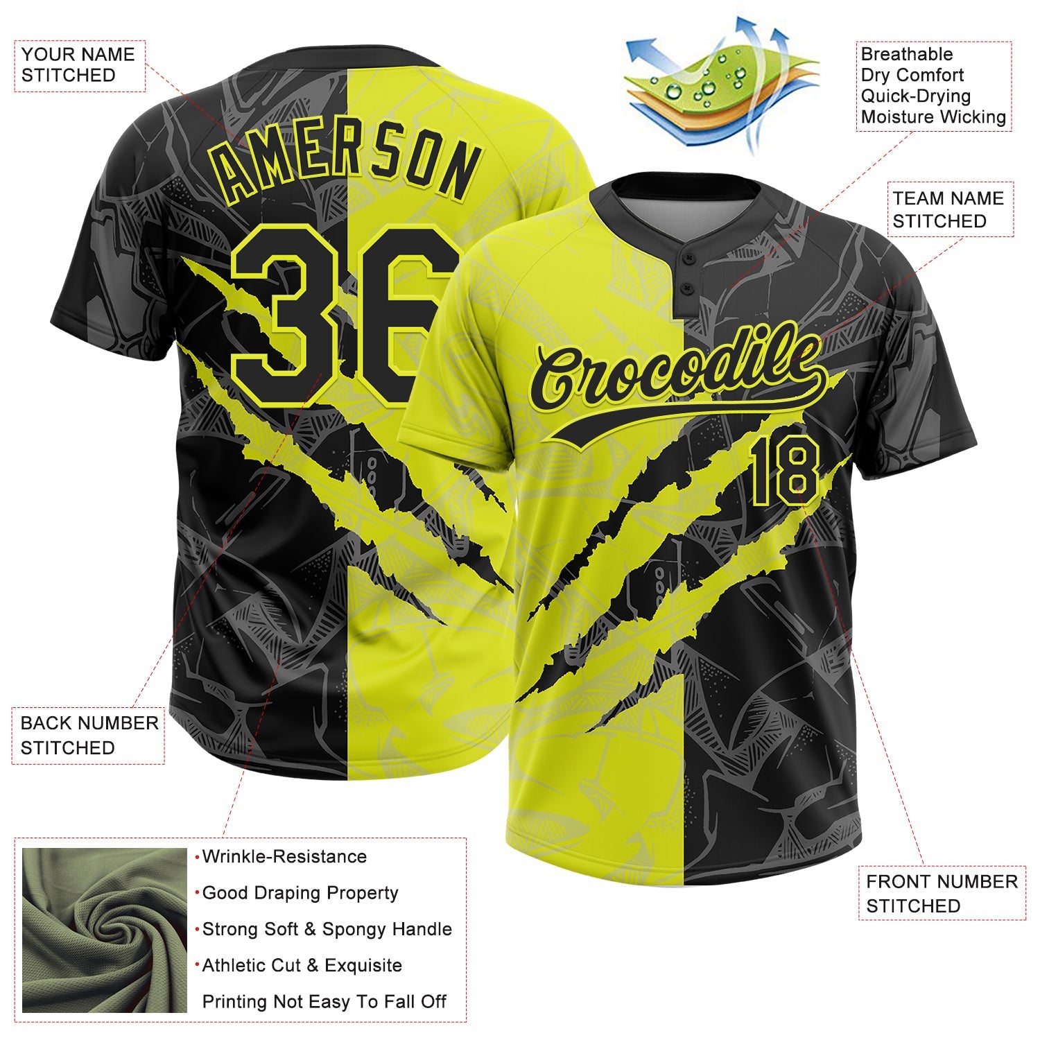Custom Graffiti Pattern Black-Neon Yellow 3D Scratch Two-Button Unisex Softball Jersey view 3