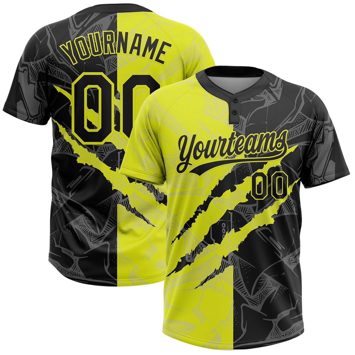 Custom Graffiti Pattern Black-Neon Yellow 3D Scratch Two-Button Unisex Softball Jersey - Main View