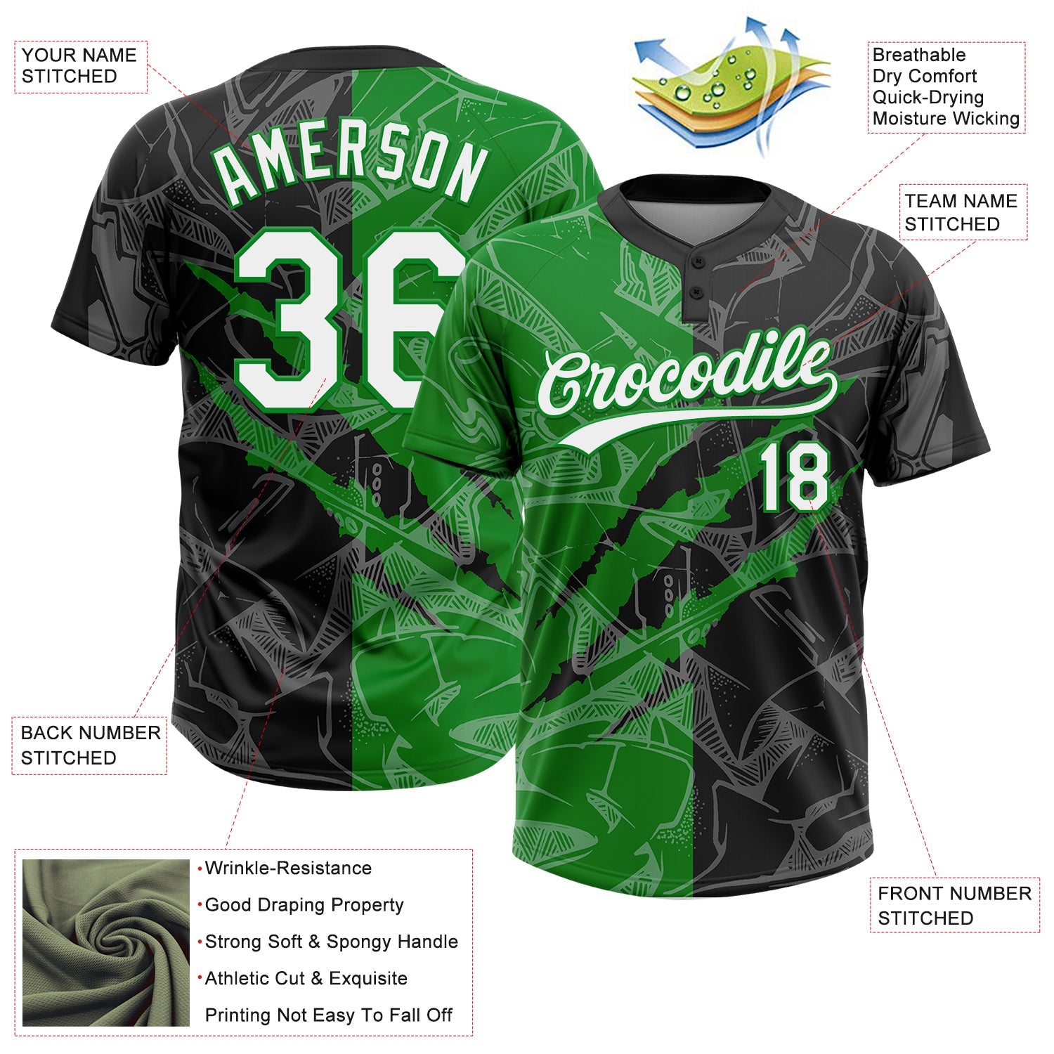 Custom Graffiti Pattern White Black-Grass Green 3D Scratch Two-Button Unisex Softball Jersey view 3