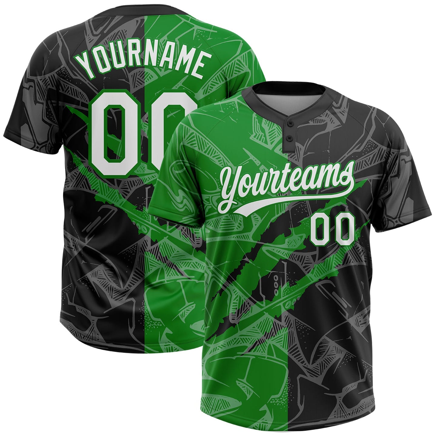 Custom Graffiti Pattern White Black-Grass Green 3D Scratch Two-Button Unisex Softball Jersey - Main View
