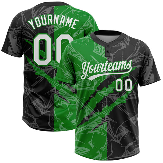 Custom Graffiti Pattern White Black-Grass Green 3D Scratch Two-Button Unisex Softball Jersey - Main View