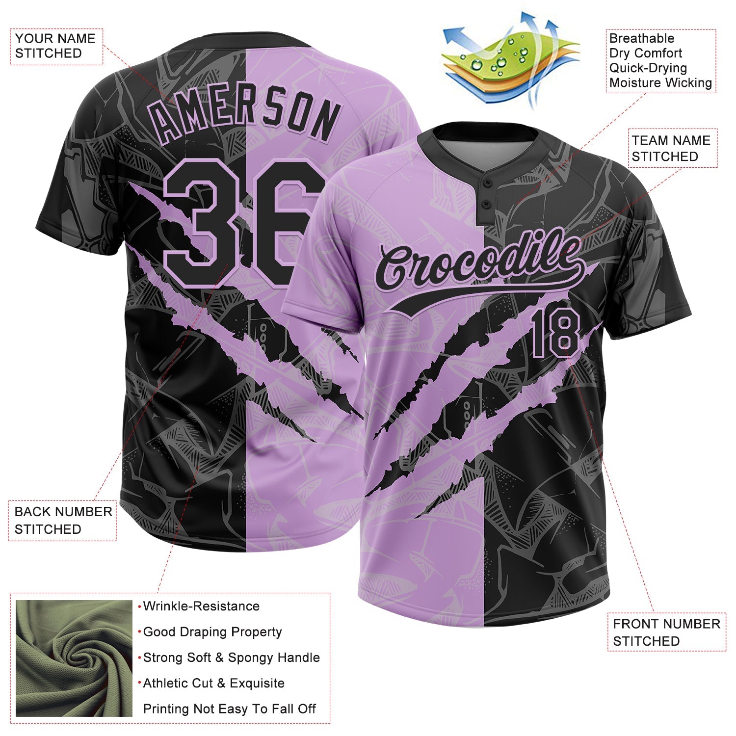 Custom Graffiti Pattern Black-Light Purple 3D Scratch Two-Button Unisex Softball Jersey view 3