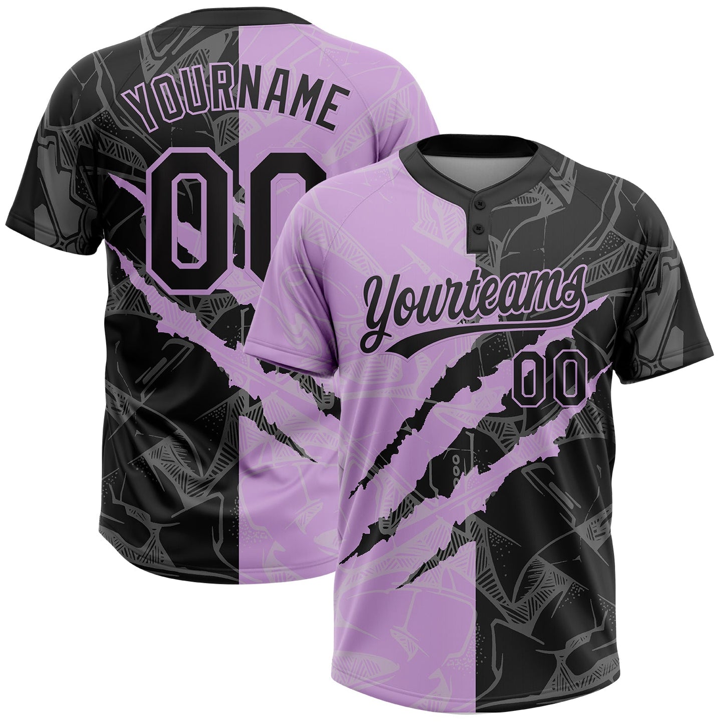 Custom Graffiti Pattern Black-Light Purple 3D Scratch Two-Button Unisex Softball Jersey - Main View