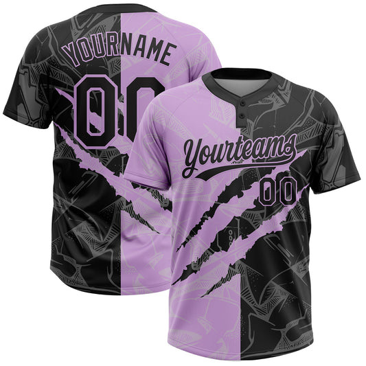Custom Graffiti Pattern Black-Light Purple 3D Scratch Two-Button Unisex Softball Jersey - Main View