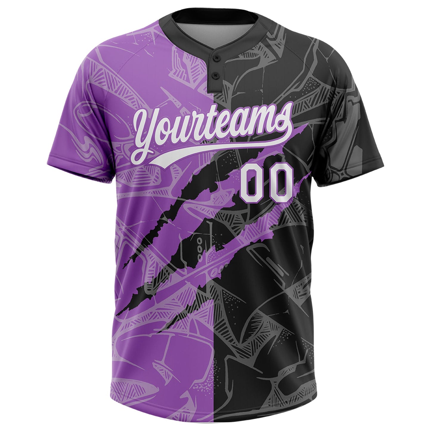 Custom Graffiti Pattern White Black-Medium Purple 3D Scratch Two-Button Unisex Softball Jersey view 2
