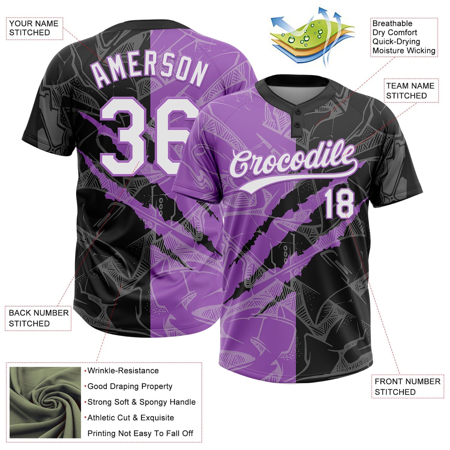 Custom Graffiti Pattern White Black-Medium Purple 3D Scratch Two-Button Unisex Softball Jersey view 3
