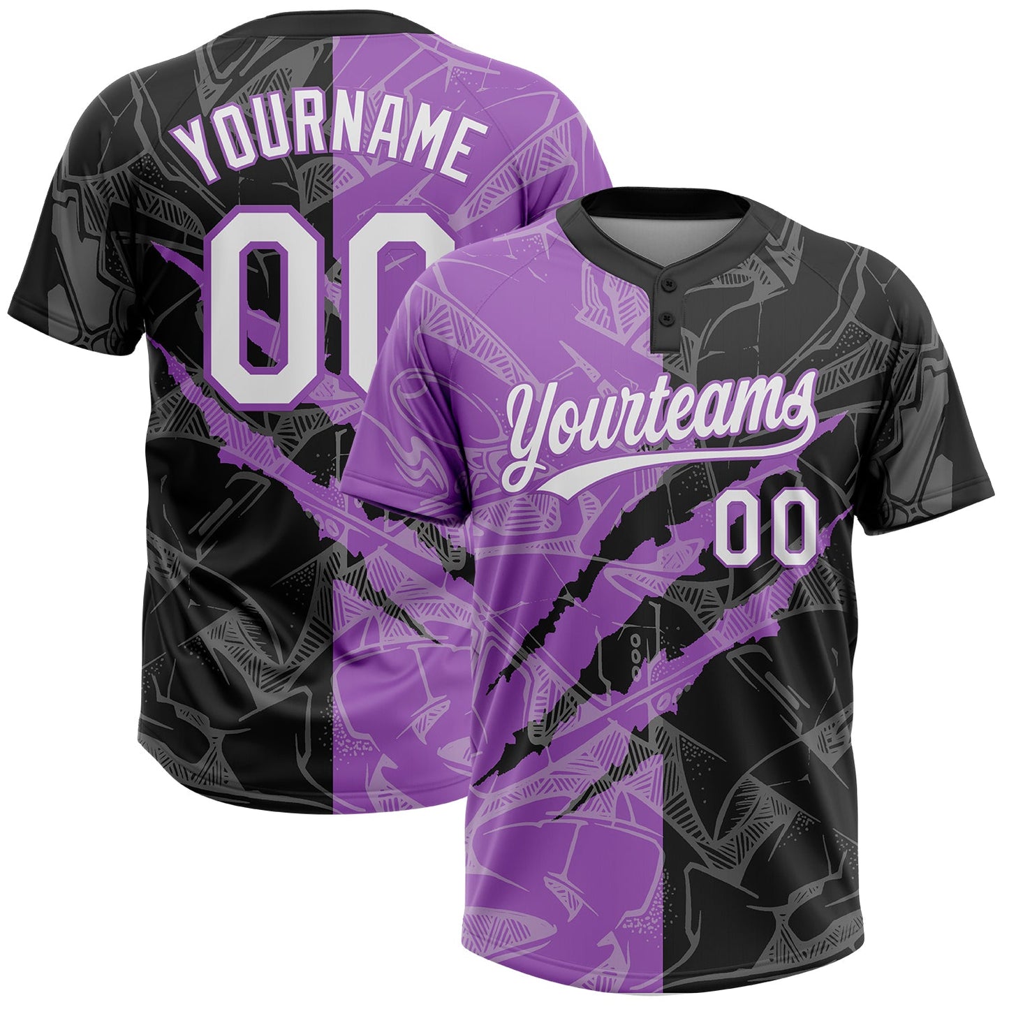 Custom Graffiti Pattern White Black-Medium Purple 3D Scratch Two-Button Unisex Softball Jersey - Main View
