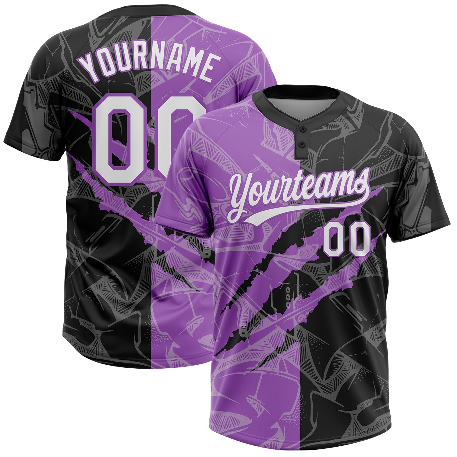 Custom Graffiti Pattern White Black-Medium Purple 3D Scratch Two-Button Unisex Softball Jersey - Main View