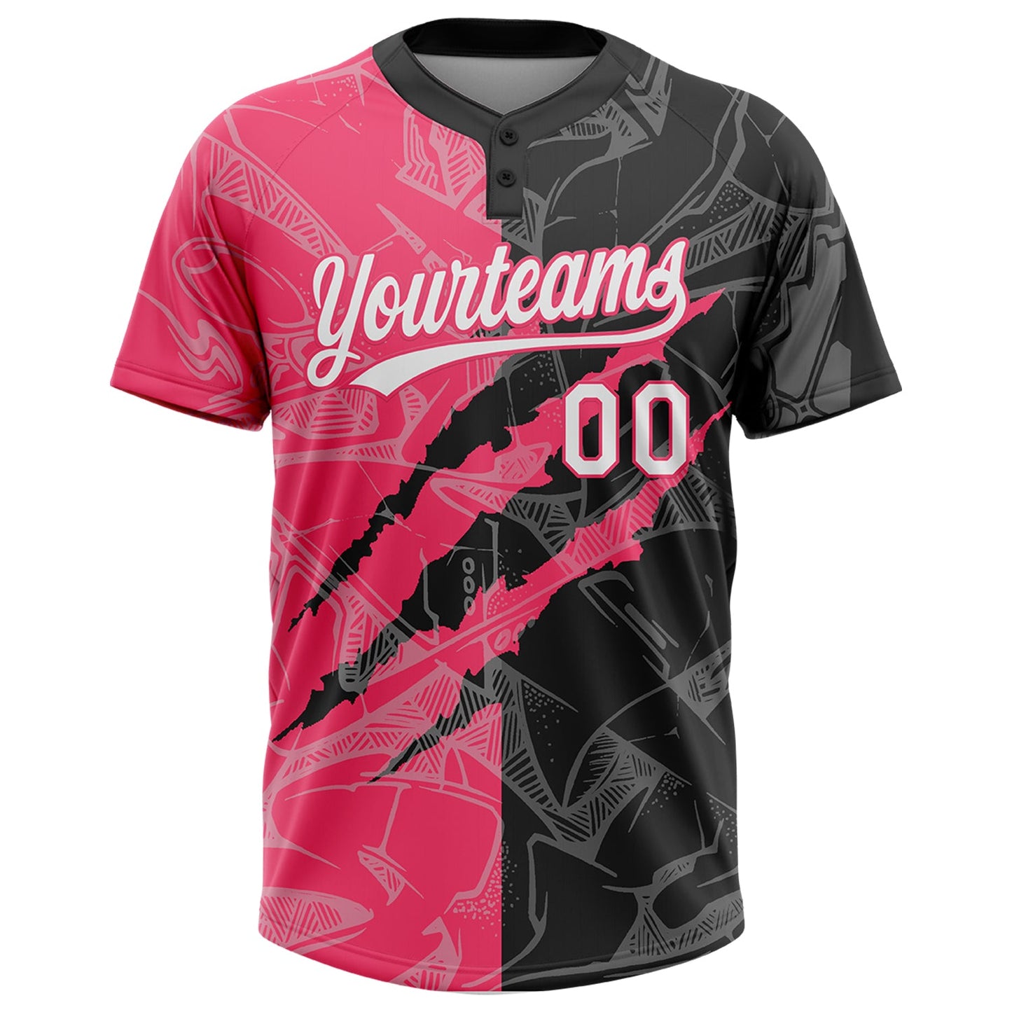 Custom Graffiti Pattern White Black-Neon Pink 3D Scratch Two-Button Unisex Softball Jersey view 2