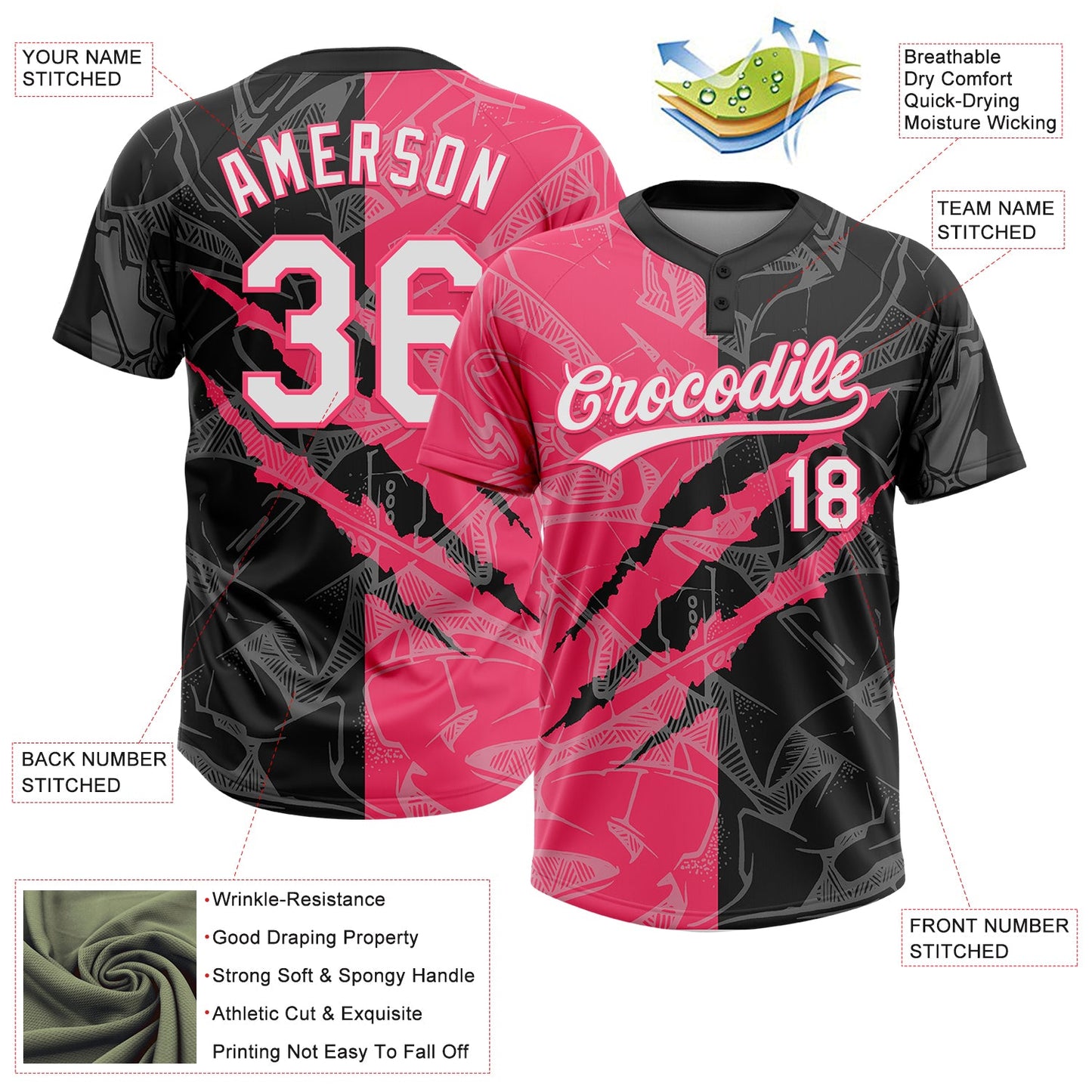 Custom Graffiti Pattern White Black-Neon Pink 3D Scratch Two-Button Unisex Softball Jersey view 3