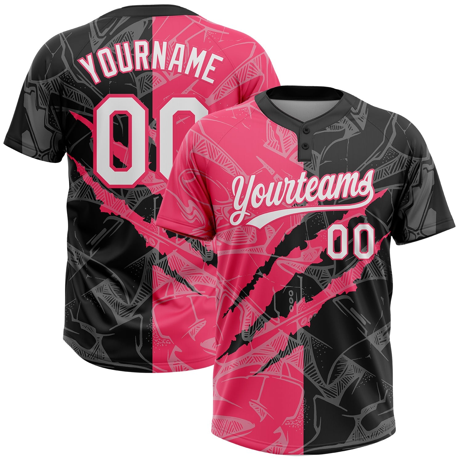 Custom Graffiti Pattern White Black-Neon Pink 3D Scratch Two-Button Unisex Softball Jersey - Main View