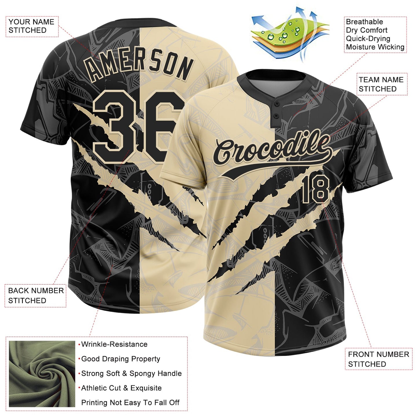 Custom Graffiti Pattern Black-Cream 3D Scratch Two-Button Unisex Softball Jersey view 3