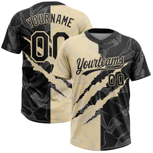 Custom Graffiti Pattern Black-Cream 3D Scratch Two-Button Unisex Softball Jersey - Main View