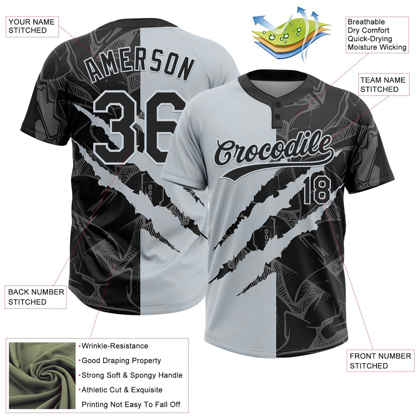 Custom Graffiti Pattern Black-Silver 3D Scratch Two-Button Unisex Softball Jersey view 3