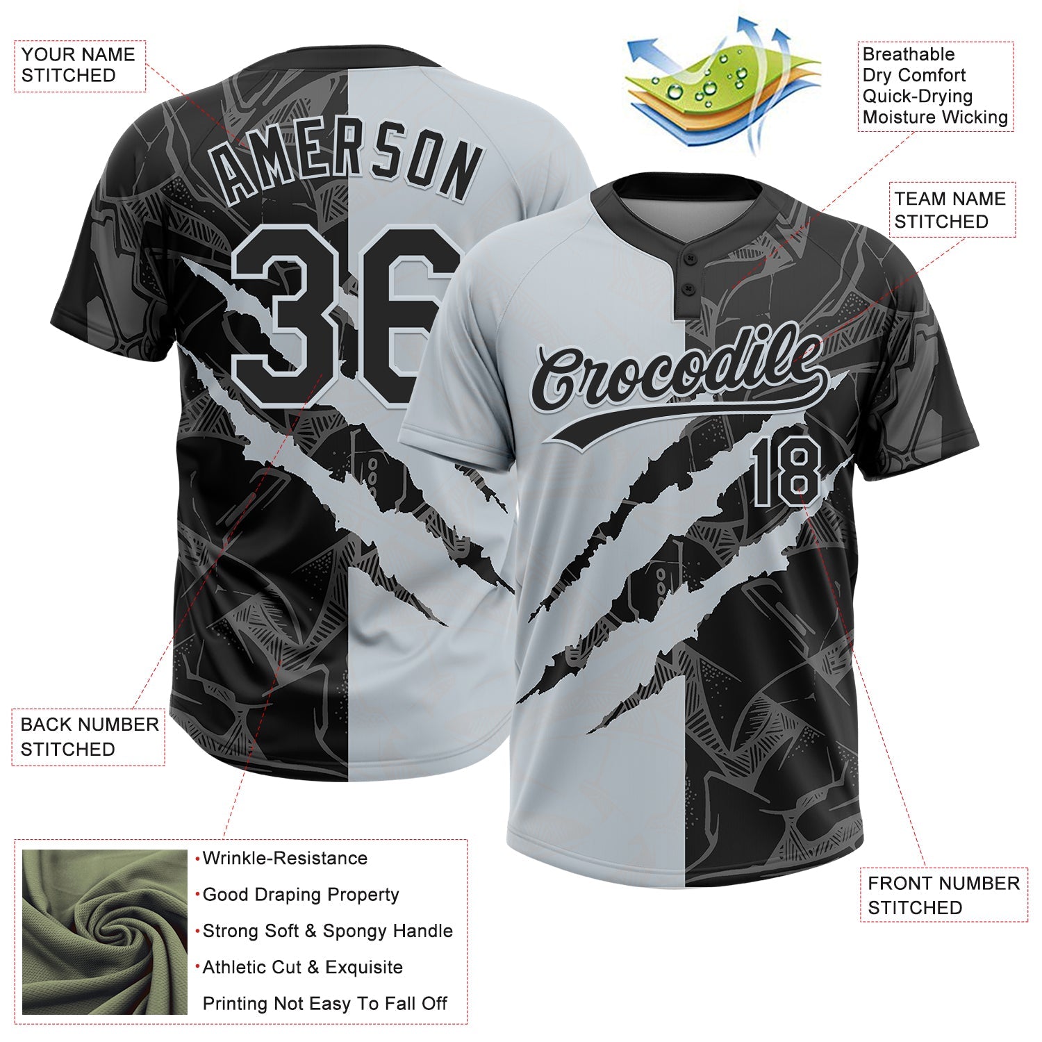 Custom Graffiti Pattern Black-Silver 3D Scratch Two-Button Unisex Softball Jersey view 3