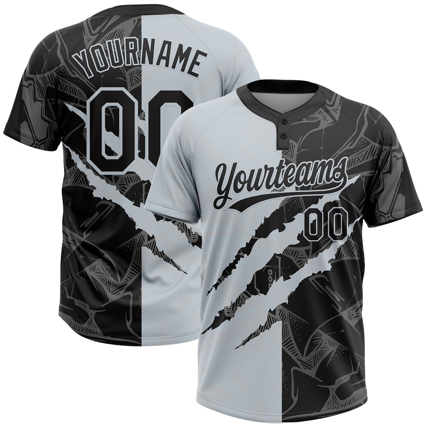 Custom Graffiti Pattern Black-Silver 3D Scratch Two-Button Unisex Softball Jersey - Main View