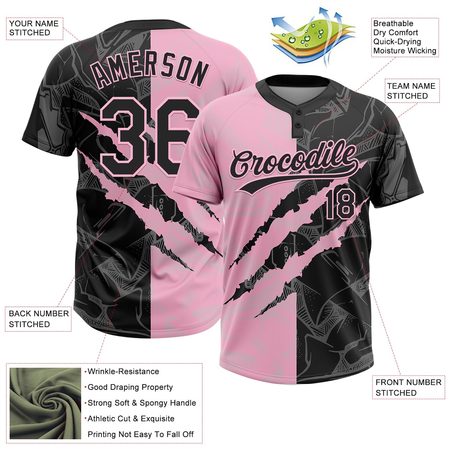 Custom Graffiti Pattern Black-Light Pink 3D Scratch Two-Button Unisex Softball Jersey view 3
