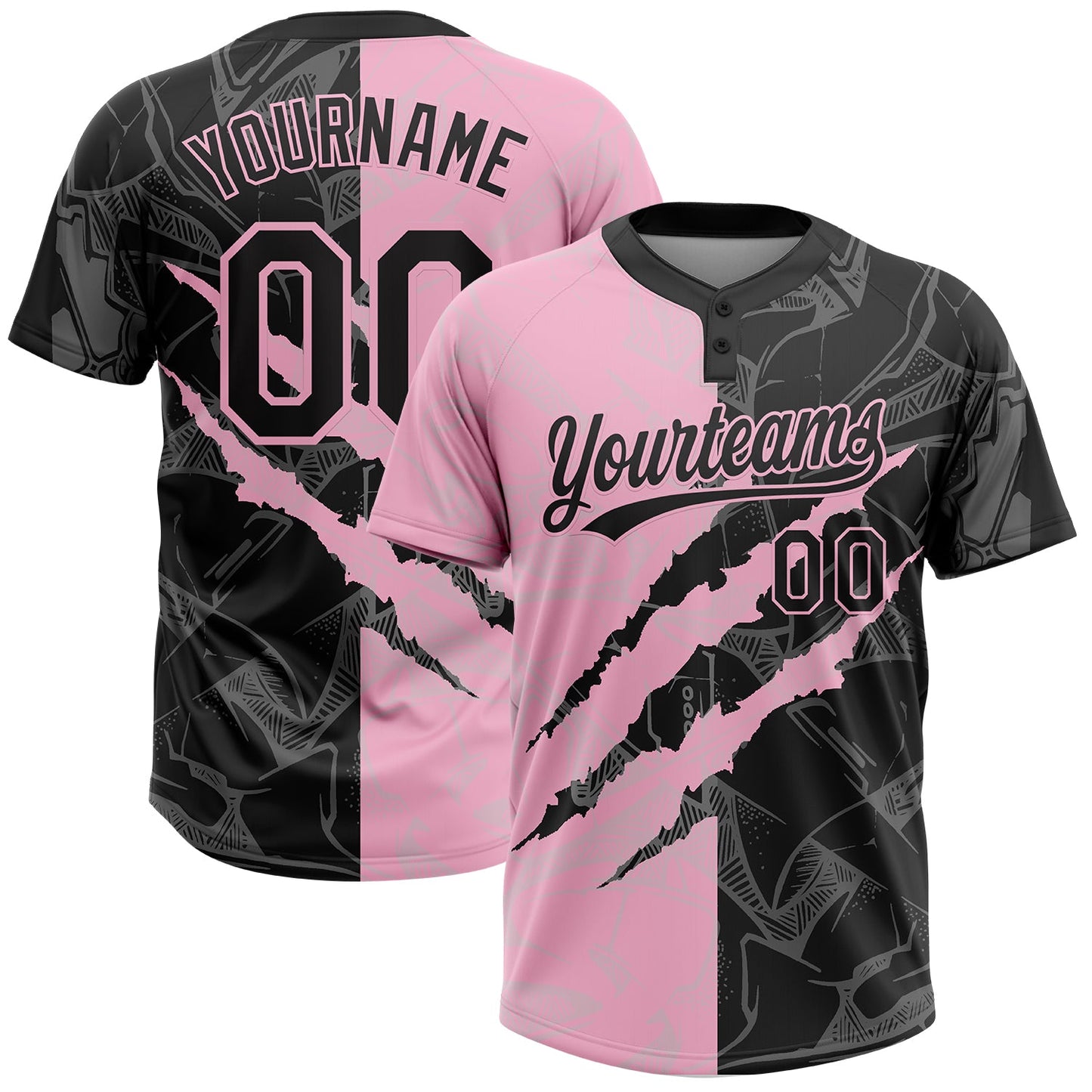 Custom Graffiti Pattern Black-Light Pink 3D Scratch Two-Button Unisex Softball Jersey - Main View