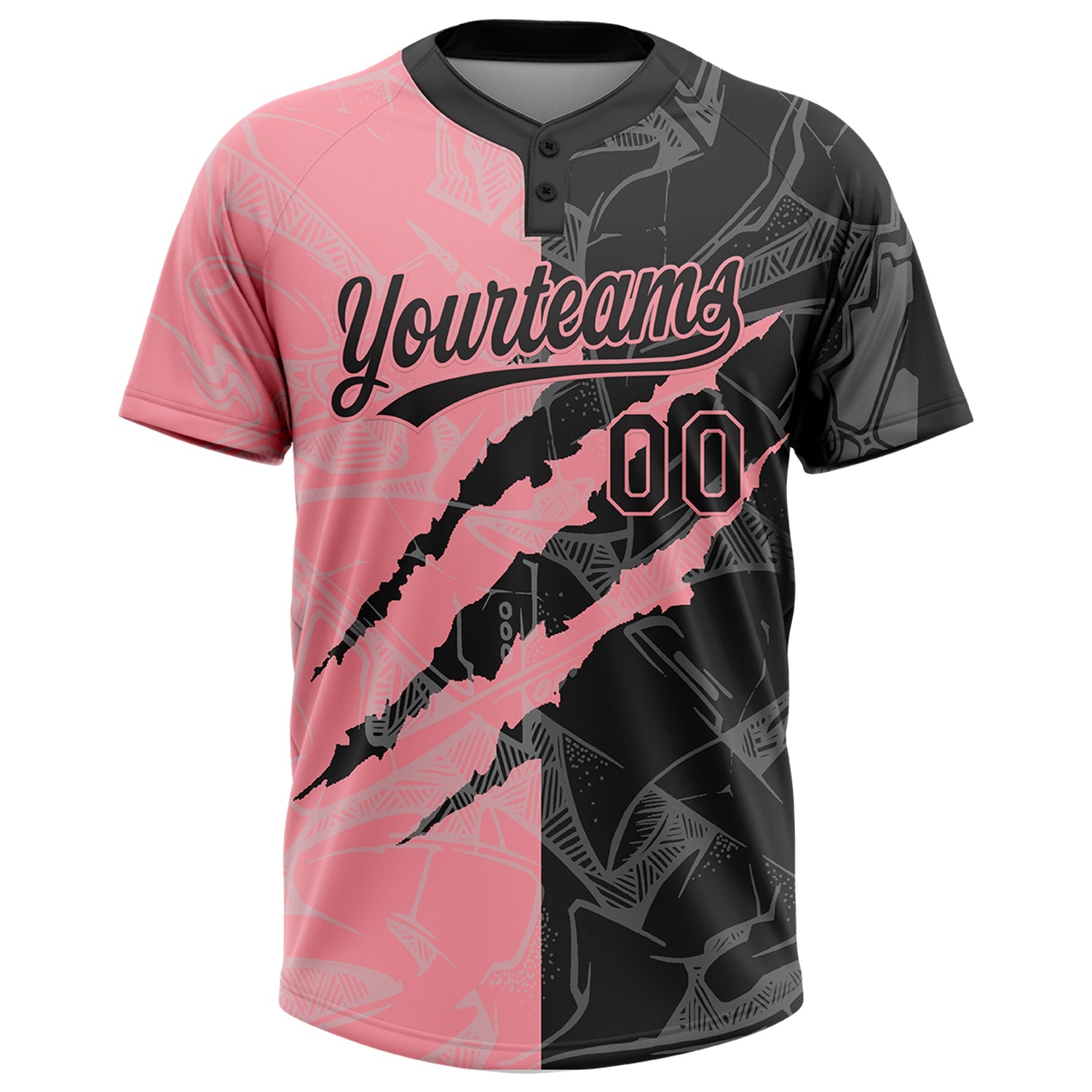 Custom Graffiti Pattern Black-Medium Pink 3D Scratch Two-Button Unisex Softball Jersey view 2