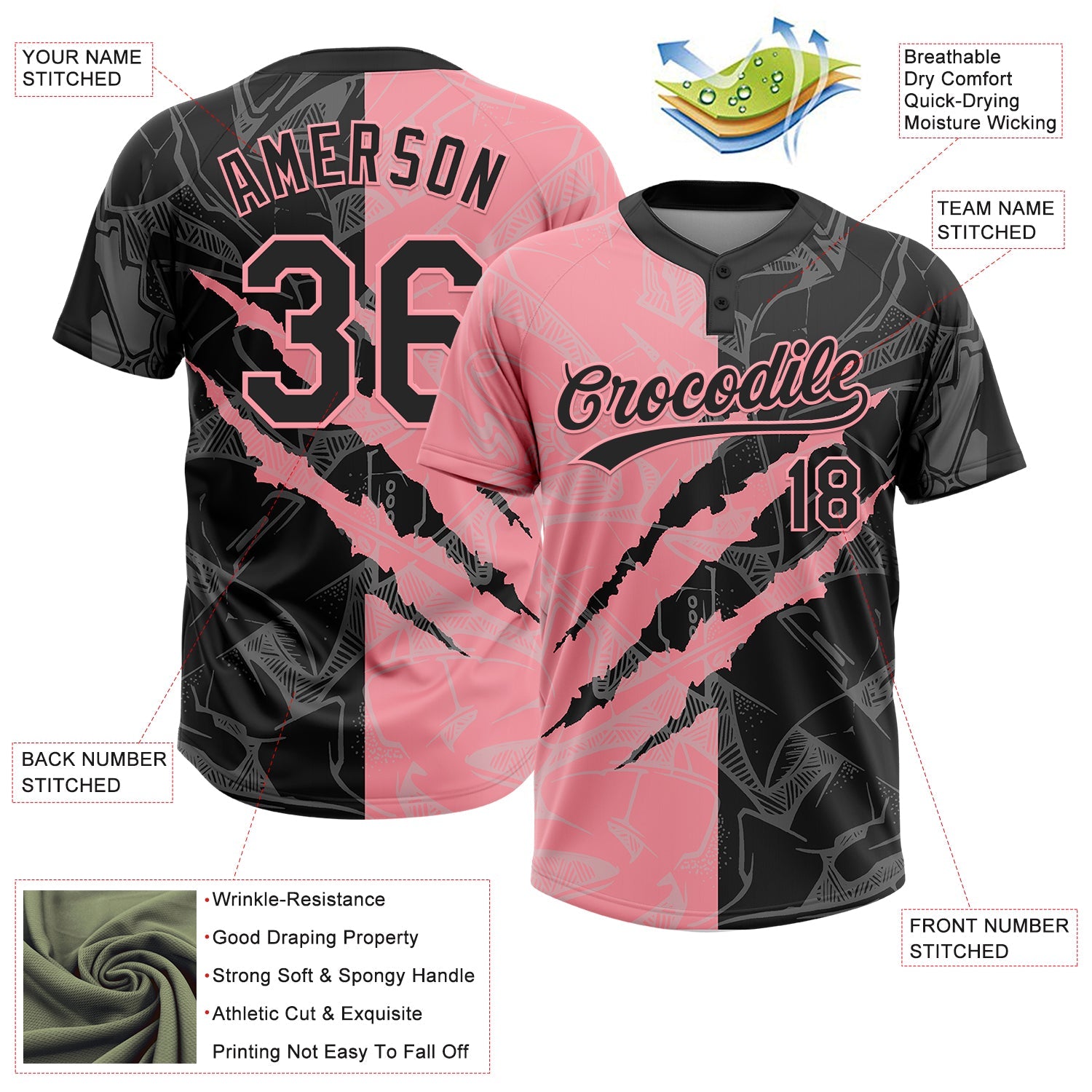 Custom Graffiti Pattern Black-Medium Pink 3D Scratch Two-Button Unisex Softball Jersey view 3
