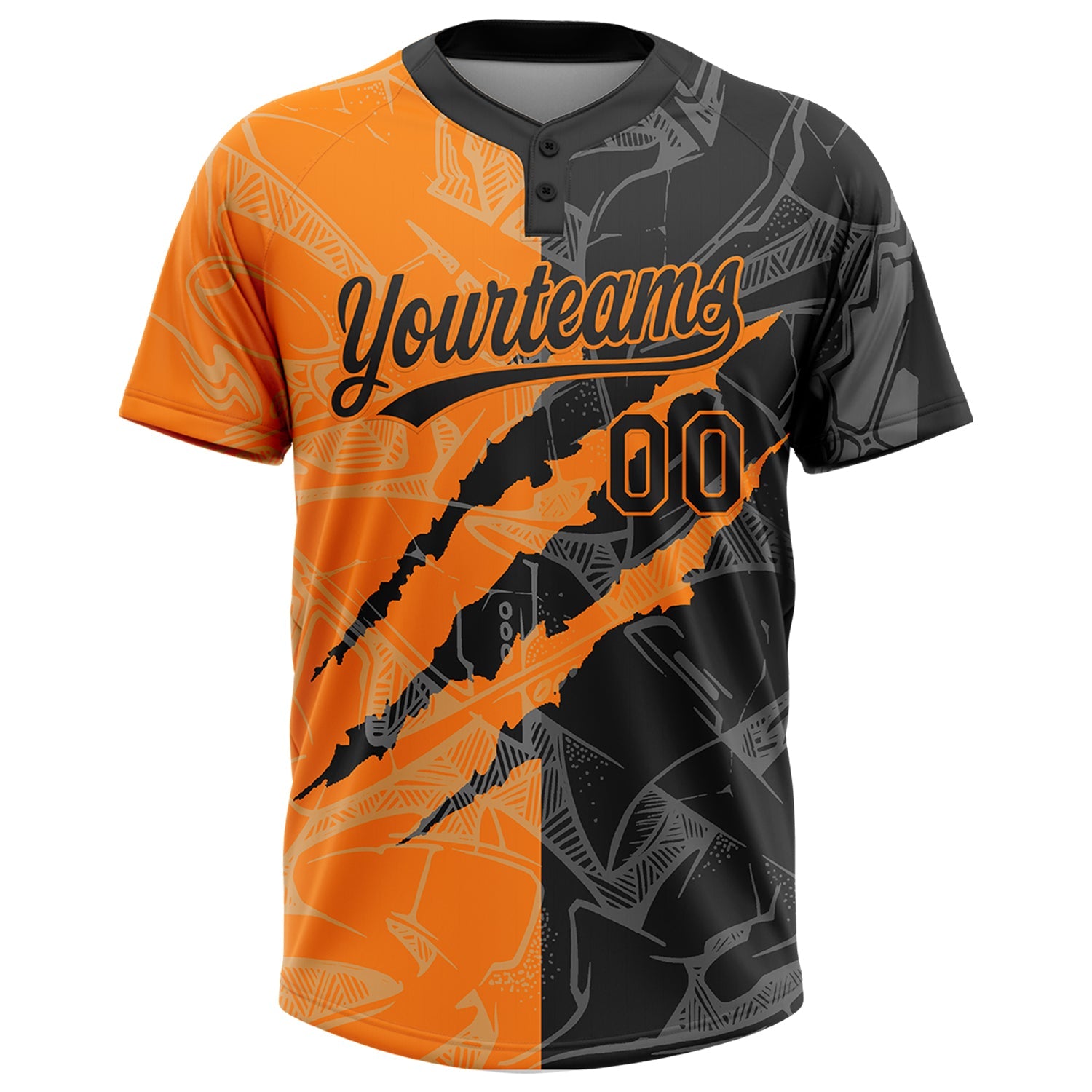 Custom Graffiti Pattern Black-Bay Orange 3D Scratch Two-Button Unisex Softball Jersey view 2