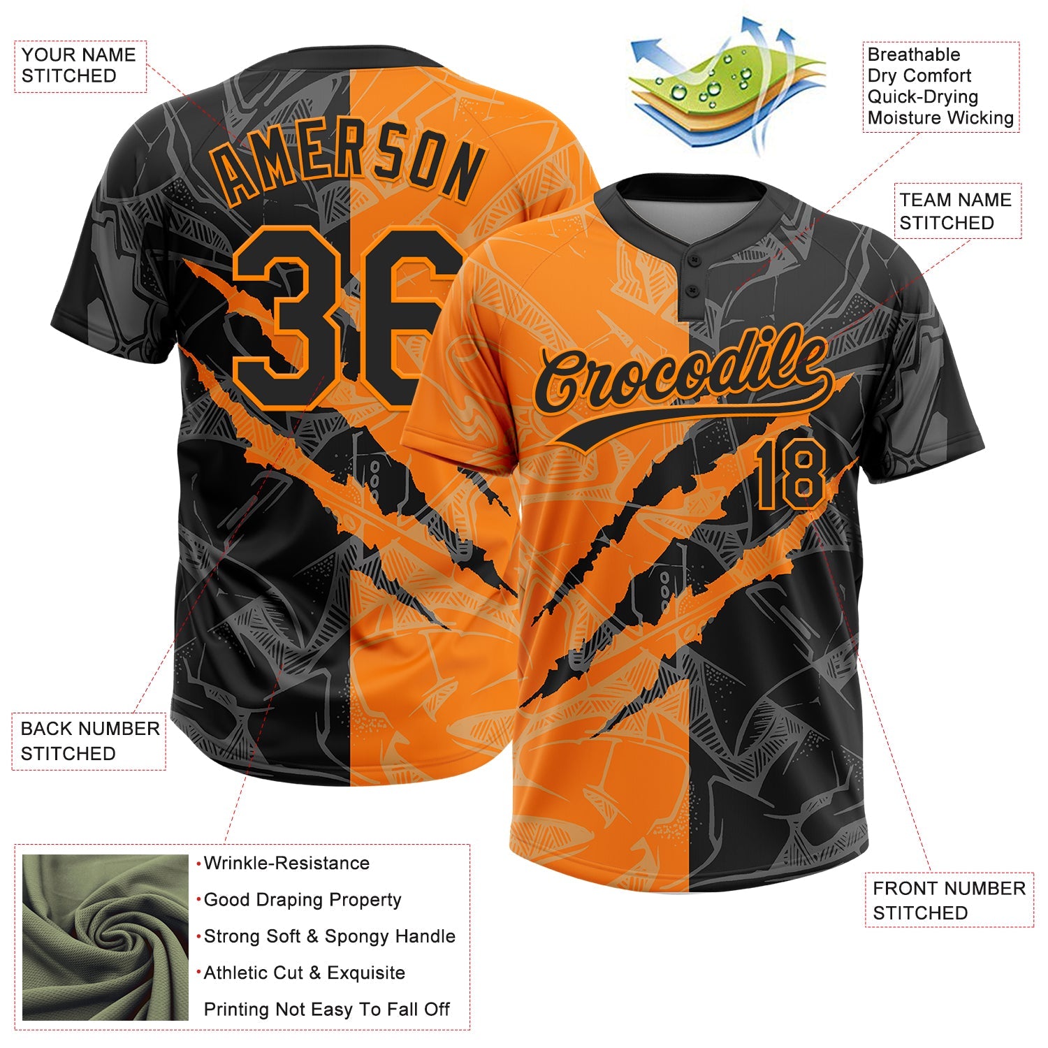 Custom Graffiti Pattern Black-Bay Orange 3D Scratch Two-Button Unisex Softball Jersey view 3