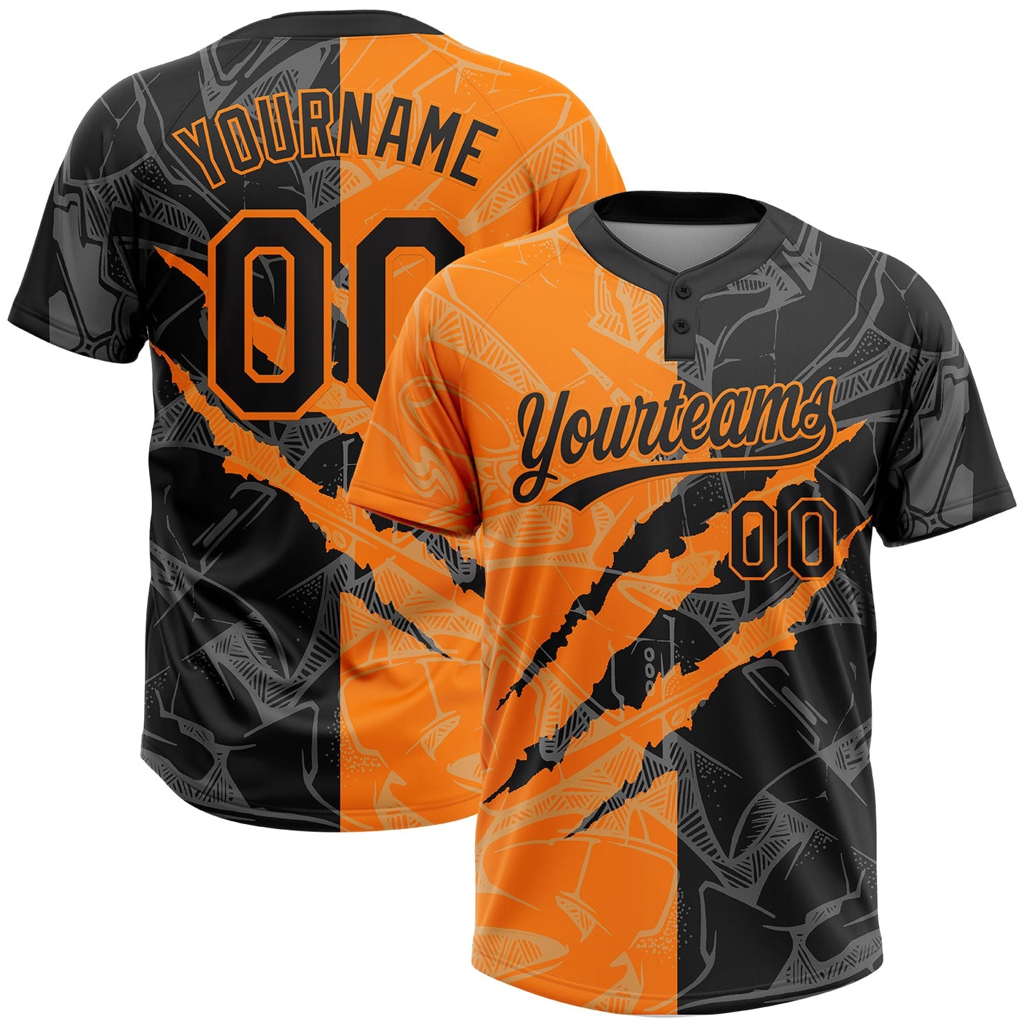 Custom Graffiti Pattern Black-Bay Orange 3D Scratch Two-Button Unisex Softball Jersey - Main View